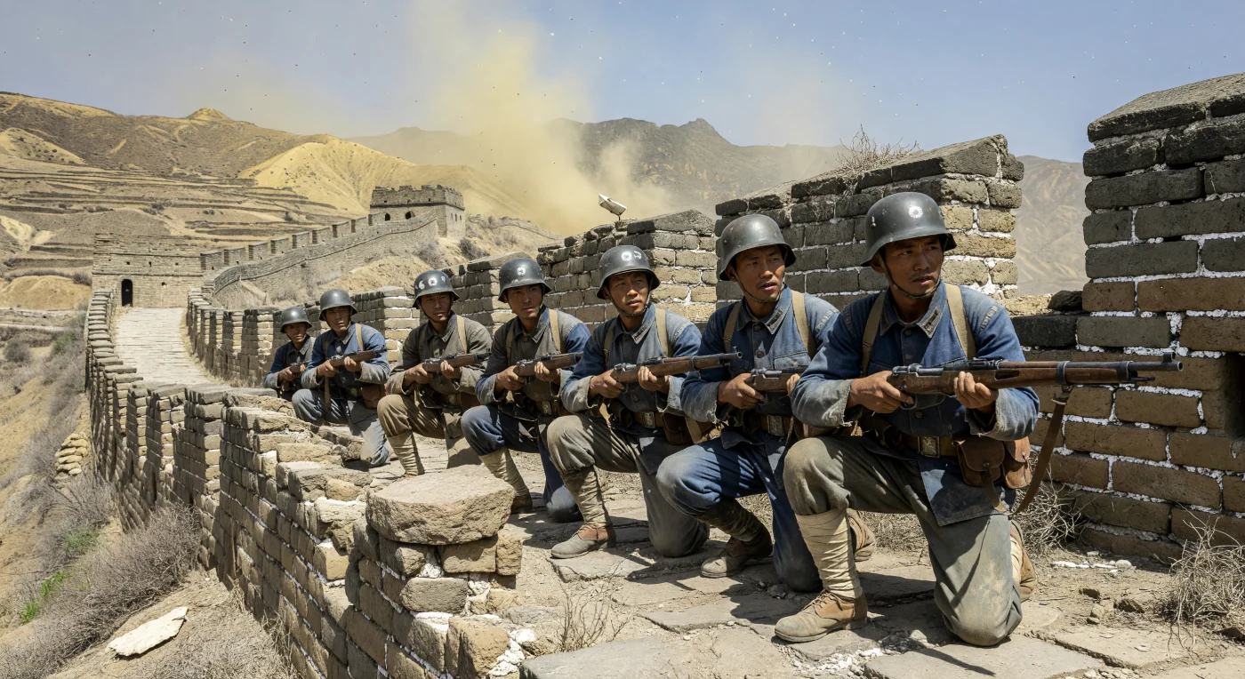 Soldiers of the Chinese National Revolutionary Army defend a weathered, un-restored section of the Great Wall during the 1937 Japanese invasion of Northern China. These troops are equipped with the iconic M35 Stahlhelm and "Chiang Kai-shek" rifles, reflecting the military cooperation between China and Germany that modernized elite Nationalist divisions prior to the conflict. The scene illustrates the desperate resistance at strategic mountain passes, where ancient fortifications became the front lines of the Second Sino-Japanese War.