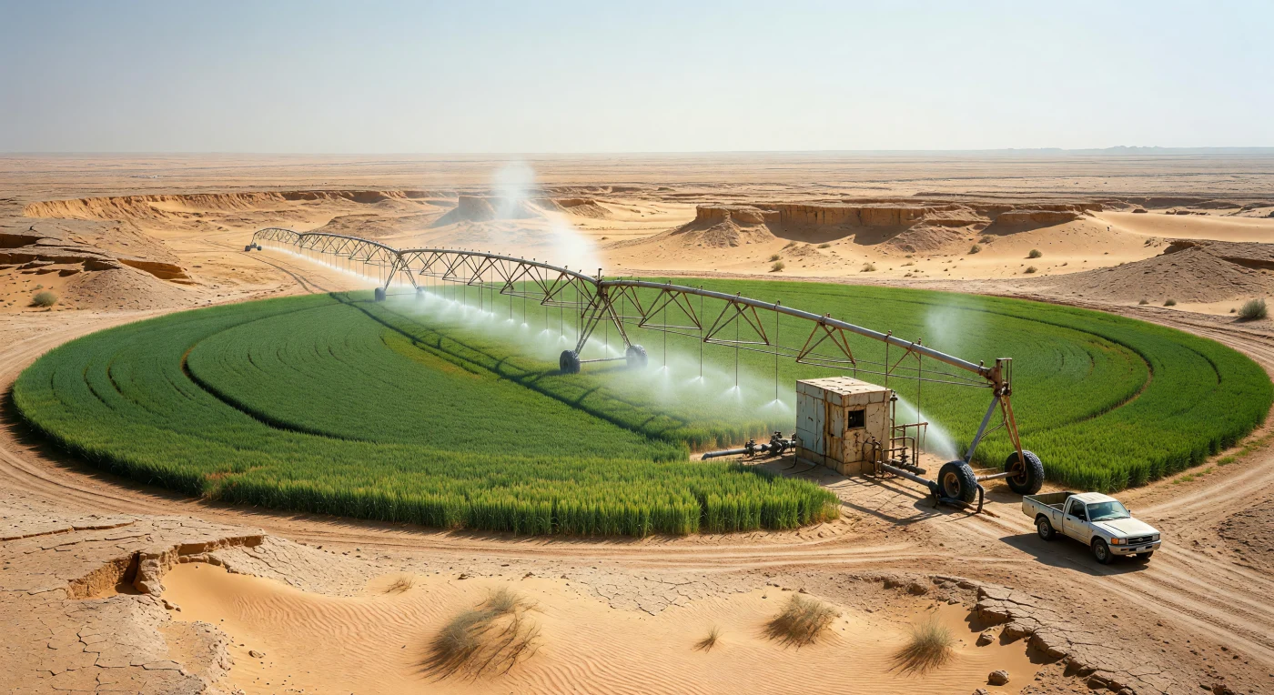 A massive center-pivot irrigation arm creates a vibrant emerald-green wheat field that stands in sharp contrast to the ochre sands of the Saudi Arabian desert during the mid-1980s. This scene captures the height of the kingdom’s ambitious agricultural boom, a period when oil wealth was channeled into turning vast stretches of the arid Najd region into productive farmland using deep-fossil aquifers. The presence of an era-appropriate Toyota Hilux illustrates the rapid technological and economic transformation that defined the Middle East’s Contemporary Era.