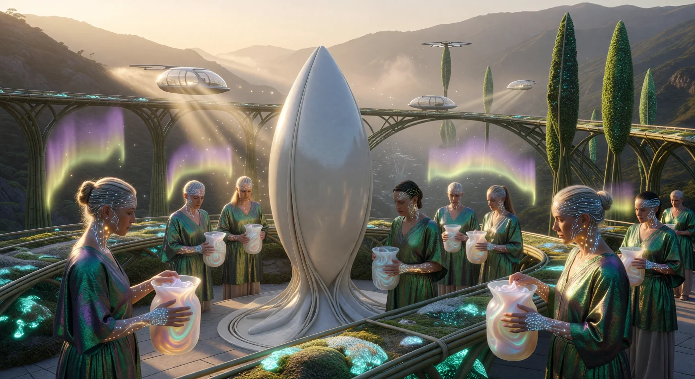 All'alba dell'era dell'Alba Potenziata (2050-2100), i cittadini dell'Alleanza Meridionale si riuniscono presso un "tino-cucina" bioceramico nelle alture andine per raccogliere paste nutrienti derivate da fermentazione di precisione. L'immagine ritrae la simbiosi tra i "Bio-Synth", caratterizzati da micelio neurale sottocutaneo e tatuaggi bioluminescenti, e i "Naturali", che indossano sete biologiche strutturate per riflettere la luce come elitre di coleottero. Sullo sfondo, i "Living Trestles" di bambù bioingegnerizzato e le torri a "foglia artificiale" cariche di alghe smeraldo testimoniano un'epoca in cui l'umanità ha integrato i cicli vitali con tecnologie a zero emissioni per rigenerare l'ecosistema montano.