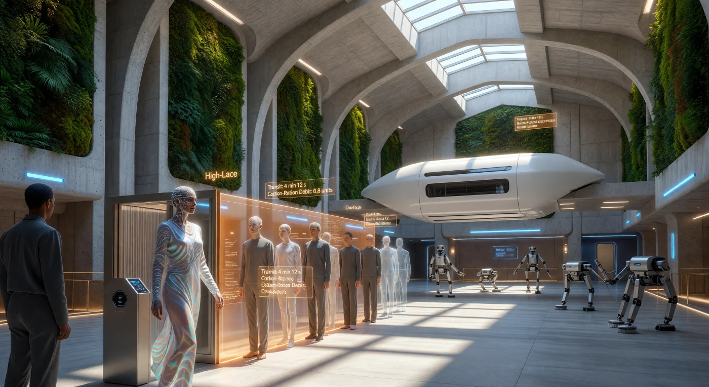 Inquadrato nell'era dell'Alba Aumentata (circa 2084 d.C.), questo spaccato di un terminale a Washington D.C. immortala la stratificazione biologica e digitale dell'Unione Transatlantica. Gli individui di tipo *Optima*, potenziati geneticamente, appaiono qui divisi dalla latenza neurale: mentre l'élite "High-Lace" fluisce senza sforzo attraverso varchi biometrici, i cittadini "Low-Lace" subiscono un ritardo di 50 millisecondi che ne frammenta la presenza in "fantasmi" digitali sfasati. Tra imponenti arcate in fibra di carbonio e sistemi di filtraggio atmosferico, l'immagine documenta un'epoca in cui la velocità di sincronizzazione con i Governatori Sub-Senzienti definiva la gerarchia stessa della realtà umana.