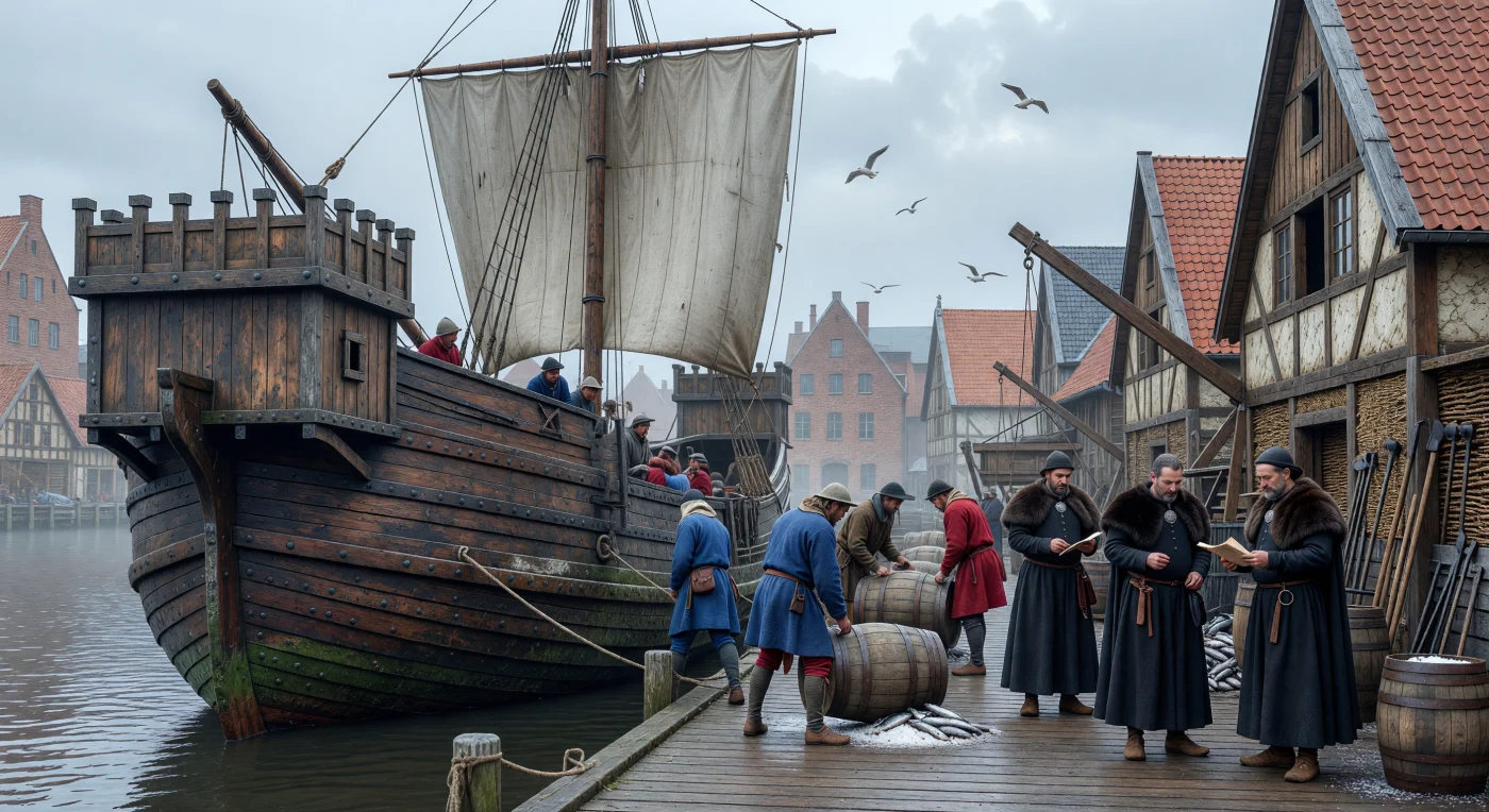 Nesta cena do século XIII, uma robusta coca hanseática está atracada no cais de Lübeck, onde trabalhadores braçais descarregam barris de arenque salgado sob a supervisão de mercadores vestidos com luxuosos mantos de lã e peles. Ao fundo, a imponente arquitetura gótica de tijolos vermelhos da cidade emerge entre a névoa do Báltico, ilustrando o poder económico da Liga Hanseática durante a Alta Idade Média. Este navio de casco trincado e castelos defensivos era o motor do comércio europeu, ligando rotas marítimas vitais num período de grande expansão e prosperidade urbana.