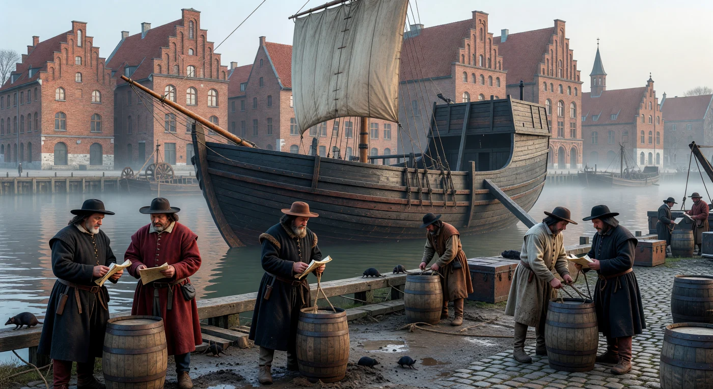Nesta movimentada manhã no porto de Lübeck, mercadores hanseáticos em trajes de lã fina supervisionam o carregamento de barris de sal em uma imponente coca de carvalho, embarcação essencial para o domínio comercial do Mar Báltico no século XIII. Ao fundo, os robustos armazéns de tijolos vermelhos e as empenas escalonadas exemplificam o estilo gótico báltico, refletindo a crescente riqueza das cidades mercantis alemãs. A cena ilustra o auge da Liga Hanseática, uma poderosa aliança que transformou as rotas marítimas do norte da Europa em prósperas artérias de intercâmbio econômico e cultural sob o nevoeiro marítimo.