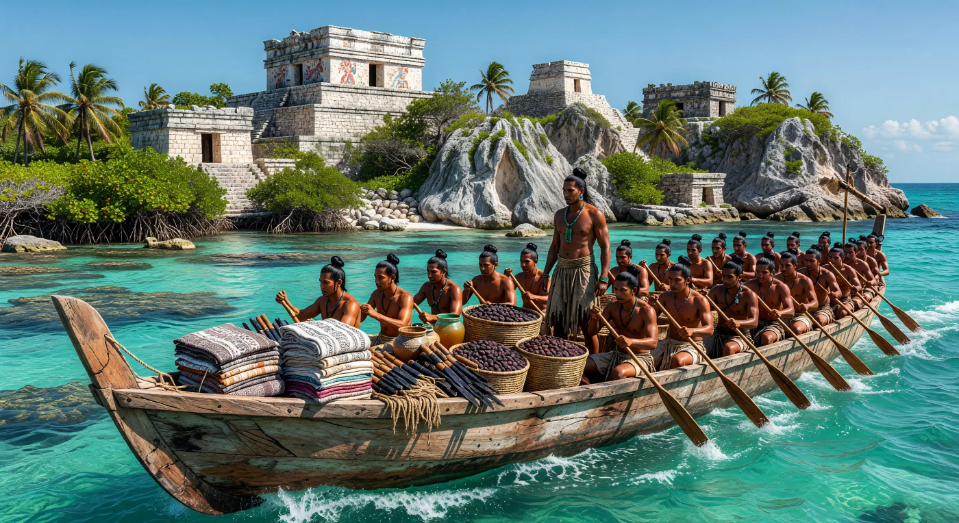 Una imponente canoa de cedro, tripulada por veinte remeros y cargada con valiosos granos de cacao y textiles de algodón, navega las aguas turquesas frente a los templos de piedra caliza de Tulum. Esta escena captura el apogeo del comercio marítimo maya durante el periodo Posclásico tardío, una red vital que conectaba las costas de la península de Yucatán con el resto de Mesoamérica. La arquitectura blanca y reluciente de "El Castillo" servía como faro y centro de control para estos mercaderes, quienes transportaban bienes de prestigio esenciales para la economía y la ritualidad de su civilización.
