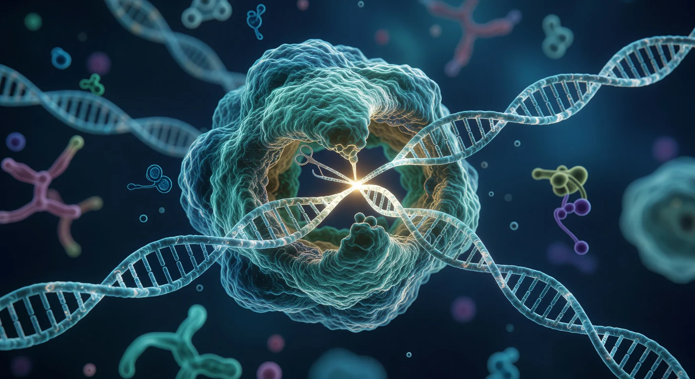 Cette visualisation moléculaire saisissante illustre le fonctionnement du système CRISPR-Cas9, une technologie de pointe mise au point en 2012 par Jennifer Doudna et Emmanuelle Charpentier. On y observe la protéine Cas9, représentée ici comme une structure complexe aux reflets bleu sarcelle, agissant comme des « ciseaux moléculaires » pour sectionner avec précision une double hélice d'ADN phosphorescente. Véritable pilier de la biotechnologie du XXIe siècle, cette méthode permet de réécrire le code génétique pour traiter des maladies héréditaires ou adapter des cultures agricoles, marquant une étape décisive dans notre capacité à façonner le vivant.