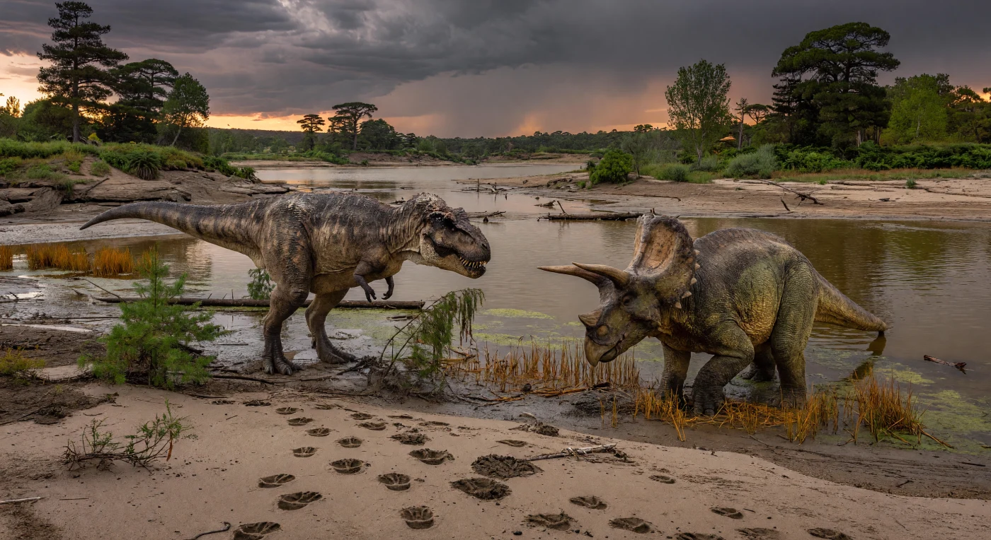 Al crepuscolo del tardo Maastrichtiano, circa 67–66 milioni di anni fa, un adulto di Tyrannosaurus rex avanza con cautela su una barra sabbiosa fangosa verso un Triceratops horridus in posizione difensiva, con il capo abbassato e le lunghe corna puntate in avanti. La scena si svolge nella pianura costiera di Laramidia, nell’odierno Nord America occidentale, un ambiente di laghi a meandro, canali fluviali e foreste umide preservato nelle rocce della formazione di Hell Creek. Le impronte profonde, le canne calpestate e la luce viola della tempesta evocano uno degli incontri più iconici della preistoria: il confronto tra un grande predatore e uno dei più formidabili erbivori degli ultimi istanti dell’era dei dinosauri.