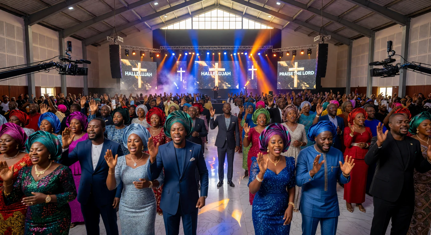 Dans cet auditorium monumental de Lagos, des milliers de fidèles célèbrent leur foi sous l'éclat de murs vidéo 4K, illustrant la puissance des mégachurches nigérianes au début du XXIe siècle. La foule témoigne d'une élégance « afropolitaine » raffinée, mêlant des coiffes *Geles* traditionnelles et des textiles de luxe à l'usage omniprésent des technologies mobiles pour la prière. Cette scène capture l'essence de l'ère numérique en Afrique : une fusion spectaculaire entre une dévotion religieuse profonde et une modernité urbaine à la fine pointe de la technologie.