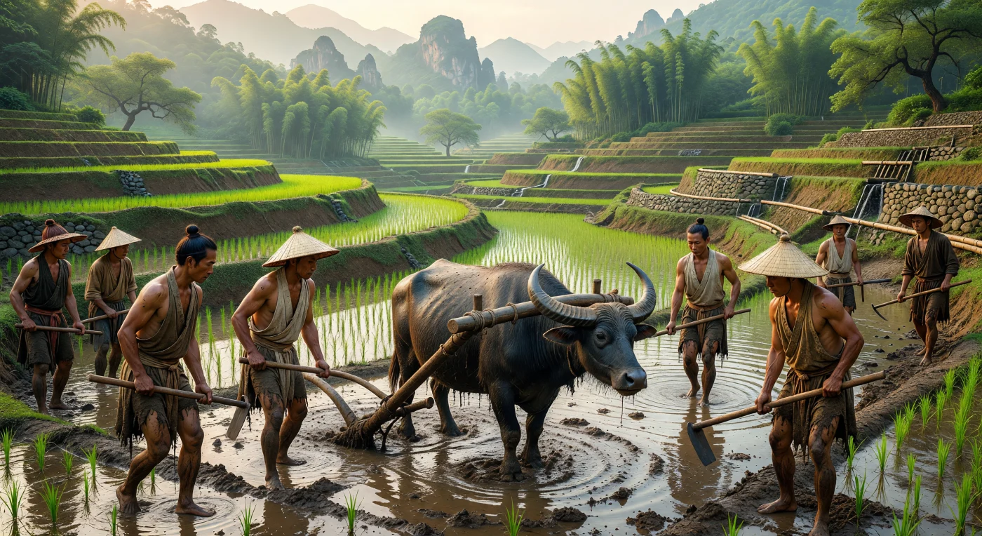 Durante la dinastia Song nel XII secolo, i contadini della Cina meridionale modellavano i ripidi pendii in spettacolari risaie a terrazza, arando il fango con l'ausilio di possenti bufali d'acqua e aratri a punta di ferro. L'adozione del riso Champa, una varietà resistente e a crescita rapida, innescò una rivoluzione agricola che permise alla popolazione cinese di superare per la prima volta i cento milioni di abitanti. Tra la nebbia mattutina e sofisticati canali d'irrigazione in bambù, questa scena illustra l'ingegno tecnico e il faticoso ritmo rurale che sostennero la civiltà più avanzata dell'epoca.
