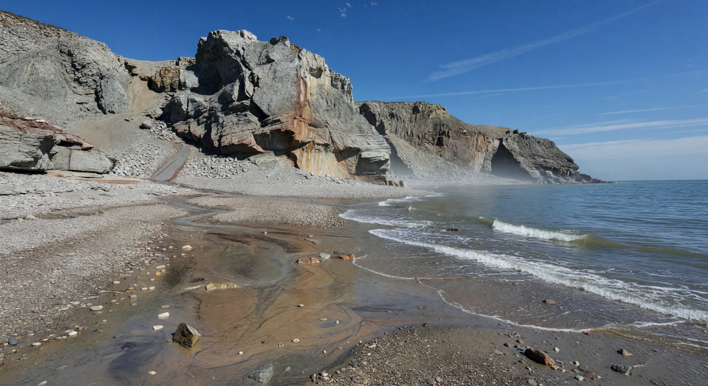 Há cerca de 520–500 milhões de anos, durante o Câmbrico, costas de latitude média como esta eram paisagens severas e totalmente estéreis em terra: falésias fraturadas de siltito, xisto e calcário, manchadas por crostas ferruginosas vermelhas, desabavam em leques de cascalho batidos pelas ondas e em canais entrelaçados carregados de lama. Sem plantas, solos ou animais terrestres, a erosão tectonicamente ativa moldava um litoral nu sob um céu azul intenso, enquanto no mar raso e frio apenas sinais discretos de vida surgiam junto à rebentação, como trilobites primitivos e fragmentos de pequenas conchas biomineralizadas. Esta cena evoca um mundo anterior à colonização da terra firme, quando a vida complexa florescia quase exclusivamente nos mares cambrianos.