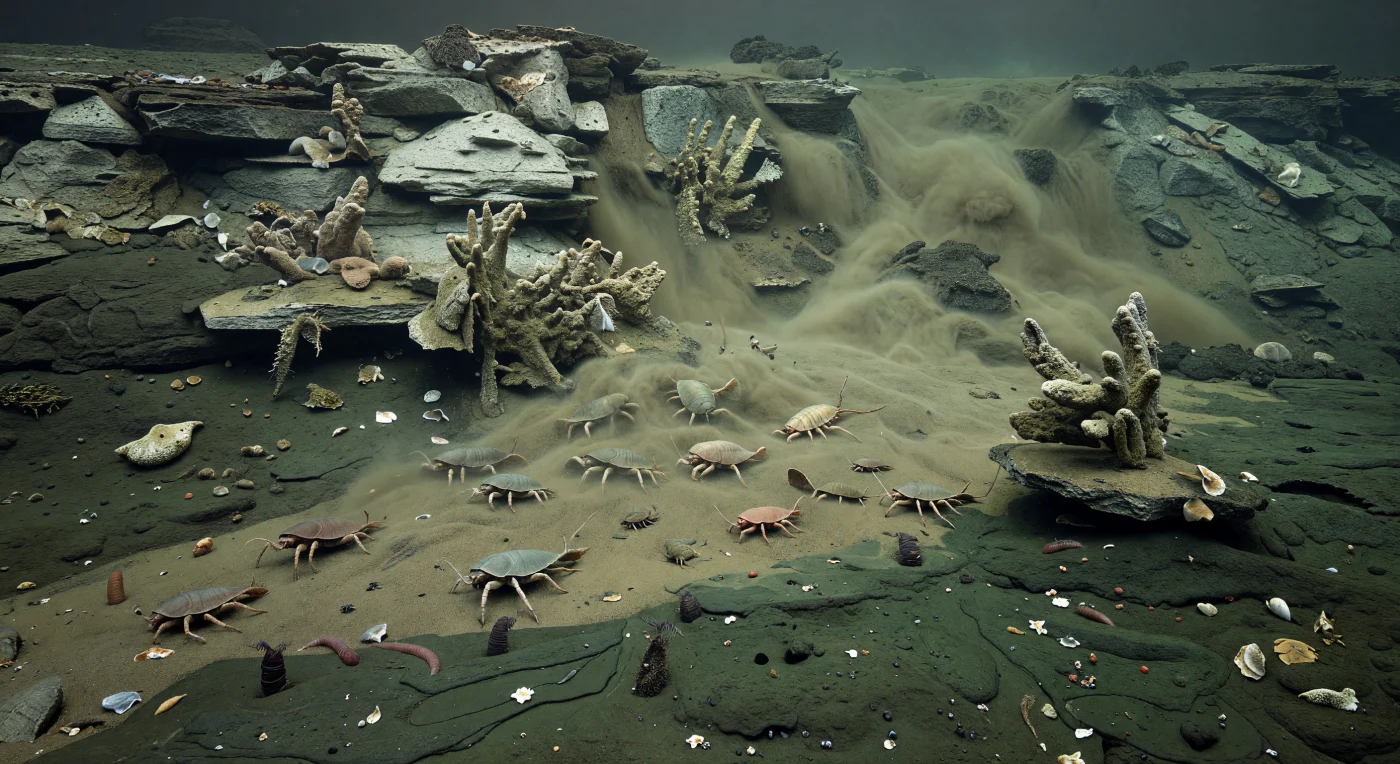 Dans cette mer tempérée du Cambrien moyen, il y a environ 508 millions d’années, une coulée sous-marine de vase et de cendres volcaniques dévale l’escarpement de la plate-forme laurentienne et ensevelit en quelques instants une communauté du type Schistes de Burgess. Au premier plan, on verrait des Sidneyia inexpectans à large carapace, des Canadaspis perfecta ballotés par le nuage de sédiments, des vers priapuliens Ottoia prolifica surpris hors de leurs terriers, et des éponges ramifiées Vauxia s’affaissant sous la charge. La pénombre pauvre en oxygène du bassin, les fines lamines de boue intactes et l’enfouissement rapide expliquent la conservation exceptionnelle de ces animaux, offrant une fenêtre saisissante sur la vie marine profonde des débuts des écosystèmes complexes.