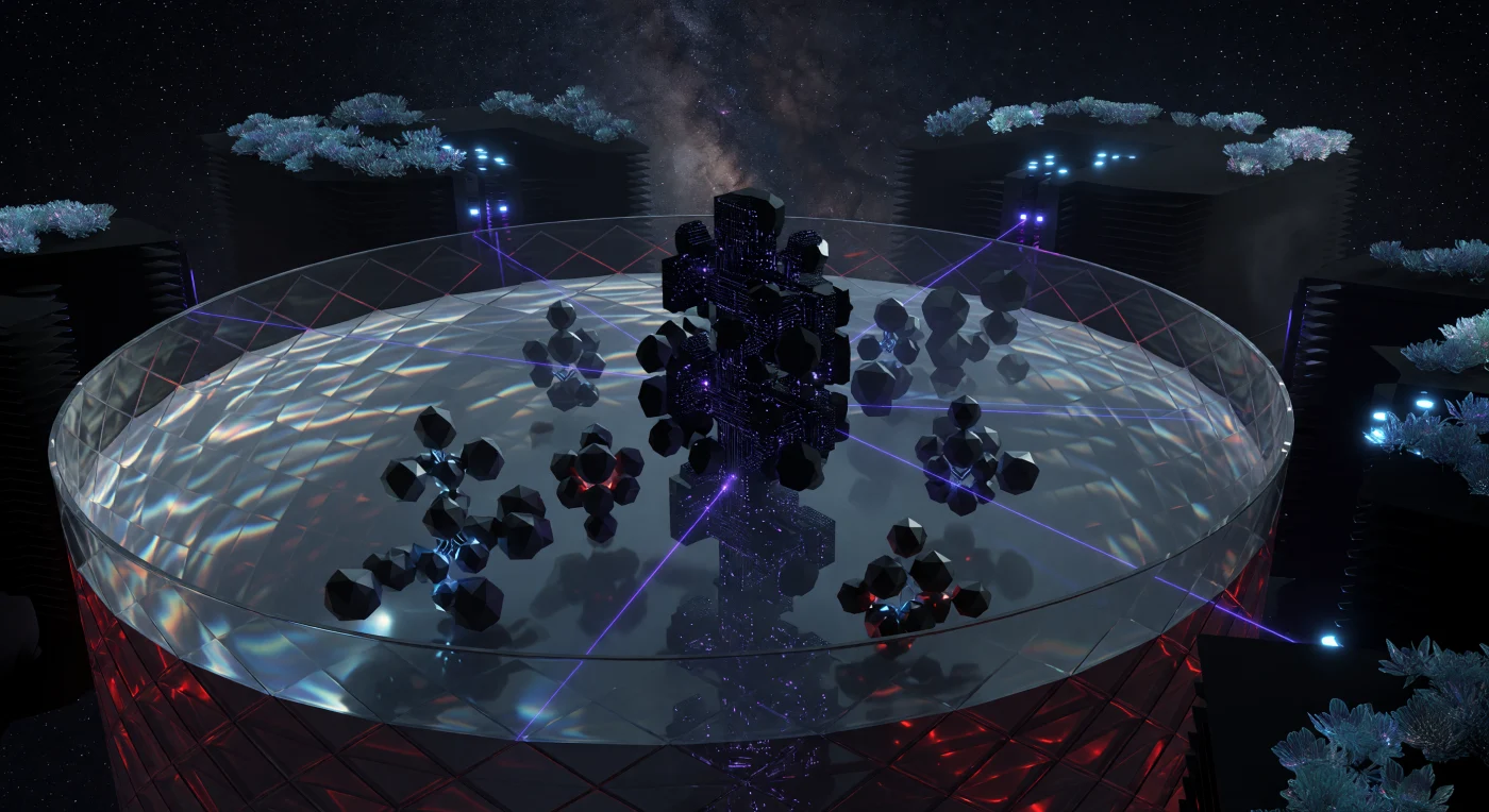 Set within the Chronos-Lattice orbiting the red dwarf Barnard’s Star (c. 3000–5000 CE), this scene depicts the cryogenic maintenance of a massive computational Femto-Lattice during the Interstellar Dawn. Substrate-Independent Minds (SIMs) manifest as geometric utility-fog avatars to navigate a containment spire filled with superfluid Helium-3, a unique substance that flows without friction and forms a "Rollin film" along the diamondoid walls. This era represents the pinnacle of post-biological evolution, where consciousness resides within hyper-dense engineered matter sustained by the extreme physics of near-absolute zero environments.