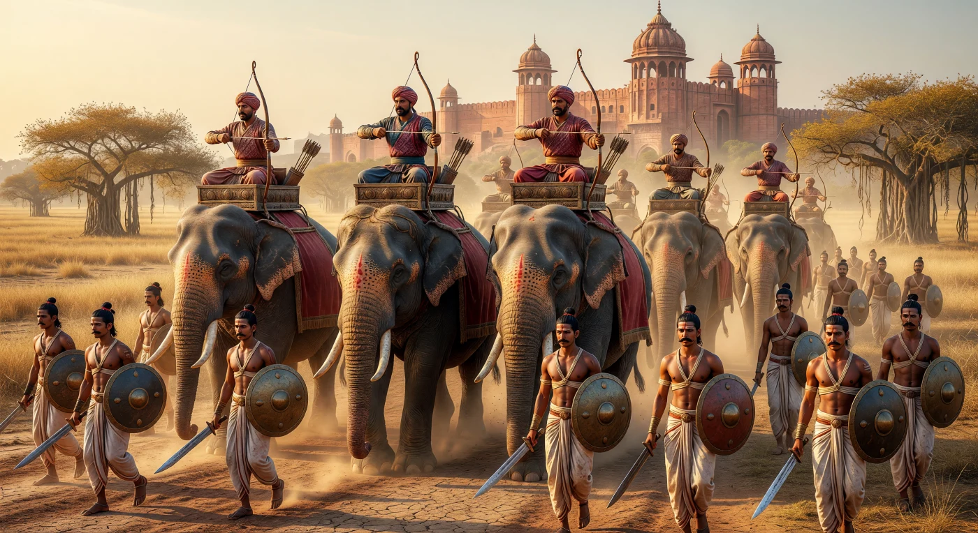 Un cuerpo real de elefantes de guerra del siglo IX avanza majestuosamente por las llanuras del norte de la India, con sus trompas decoradas en bermellón y cargando arqueros de élite en pabellones de madera tallada. A su lado, la infantería marcha con espadas khanda de acero wootz y escudos de bronce, herramientas clave en la sofisticada maquinaria bélica de los imperios regionales de la época. Al fondo, las imponentes torres de una fortaleza de arenisca roja se recortan contra el cielo dorado, reflejando el esplendor arquitectónico y el poderío militar de la Asia del Sur medieval.