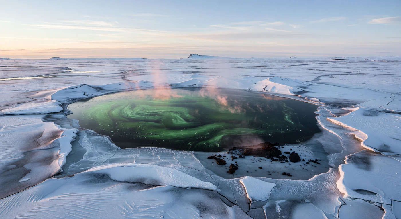 Een zeldzame vulkanische polynya doorbreekt hier het metersdikke zee-ijs van de Cryogenische “Sneeuwbal-Aarde”, ongeveer 720–635 miljoen jaar geleden, terwijl stoom boven donker water hangt dat groen oplicht door een dichte bloei van cyanobacteriën en vroege eukaryote algen. Langs de randen vormen zich fijne naaldjes van frazil-ijs en een dun nieuw ijsvlies, terwijl as van basaltische subglaciale of onderzeese activiteit het sneeuwoppervlak en hyaloclastietpuin donker bestrooit. In deze bijna volledig bevroren wereld, tijdens de Sturtische of Marinoïsche ijstijd, waren zulke geothermische openingen vermoedelijk zeldzame oases waar microscopisch leven aan het oppervlak kon overleven.