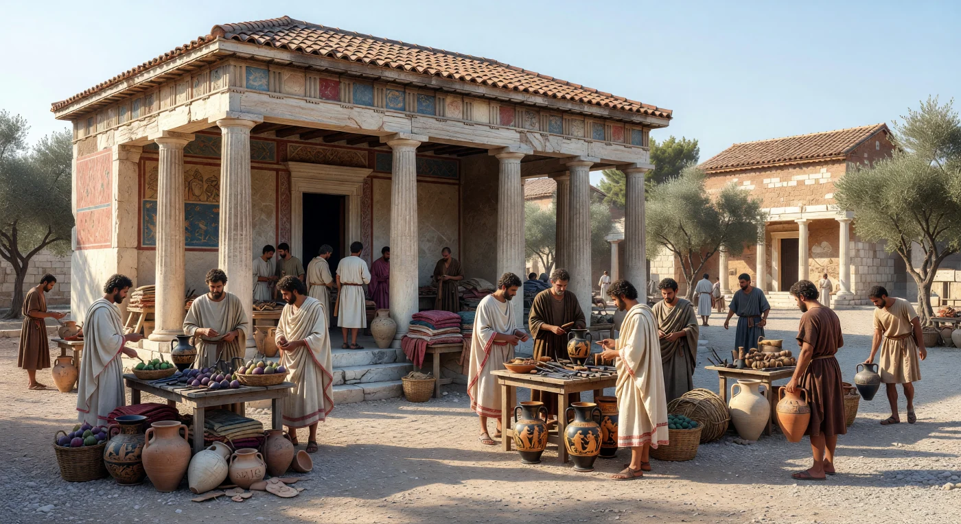 In the morning light of the Athenian Agora, citizens, resident foreigners, and laborers gather beneath a painted stoa to barter for figs, bronze tools, transport amphorae, and finely decorated Attic pottery. Set in the mid-5th century BC, this civic and commercial heart of Athens was more than a marketplace: it was a shared public space where trade, conversation, and daily urban life unfolded among the city’s free male citizens, metics, and workers. The scene reflects the materials and dress of Classical Athens, with earth underfoot, limestone and mudbrick architecture, woolen cloaks, and the distinctive ceramic wares that made Athenian craftsmanship famous across the Mediterranean.