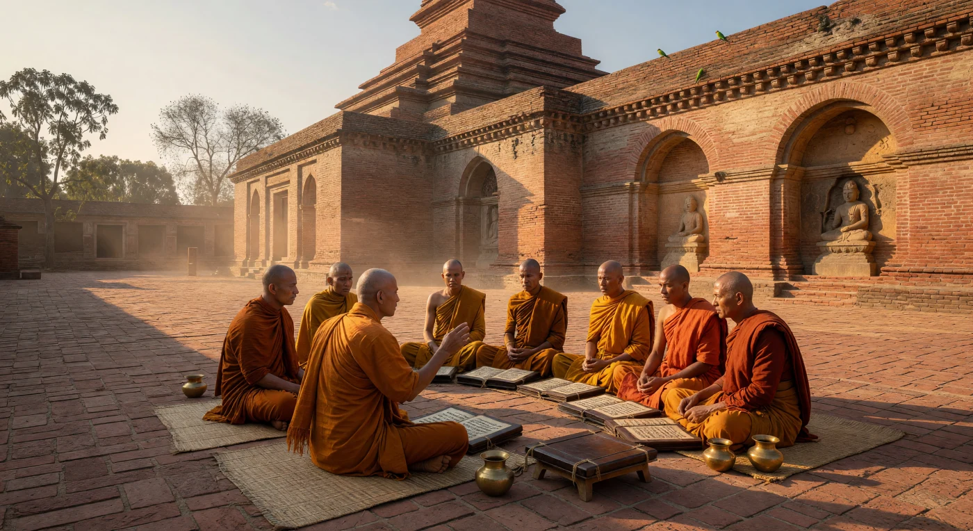Monges budistas em vestes de seda nos tons açafrão e ocre debatem intensamente sobre manuscritos de folhas de palmeira no pátio de tijolos vermelhos da Universidade de Nalanda, no século VII. Esta prestigiada instituição na região de Magadha era o maior centro de ensino do mundo antigo, onde a lógica e a filosofia eram refinadas sob a sombra da monumental Estupa de Sariputra. A cena captura o rigor intelectual da era medieval precoce da Índia, banhada pela luz dourada de uma tarde na atual Bihar, refletindo um período de intercâmbio cultural e sofisticação acadêmica sem precedentes.