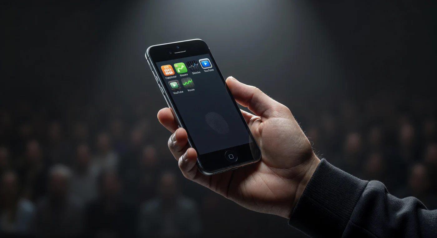 Un primo piano cinematografico cattura il debutto dell'iPhone originale nel 2007, rivelando l'iconico display capacitivo da 3,5 pollici con le sue vivaci icone skeuomorfiche e il caratteristico bordo in acciaio inossidabile. Questo momento cruciale ha segnato il passaggio definitivo dalle tastiere fisiche alle interfacce multi-touch in vetro, ridefinendo la tecnologia mobile per il XXI secolo. Integrando un computer, un telefono e un lettore multimediale in un unico dispositivo tascabile, l'iPhone ha inaugurato l'era degli smartphone moderni e ha trasformato radicalmente la connettività umana e l'economia globale delle applicazioni.