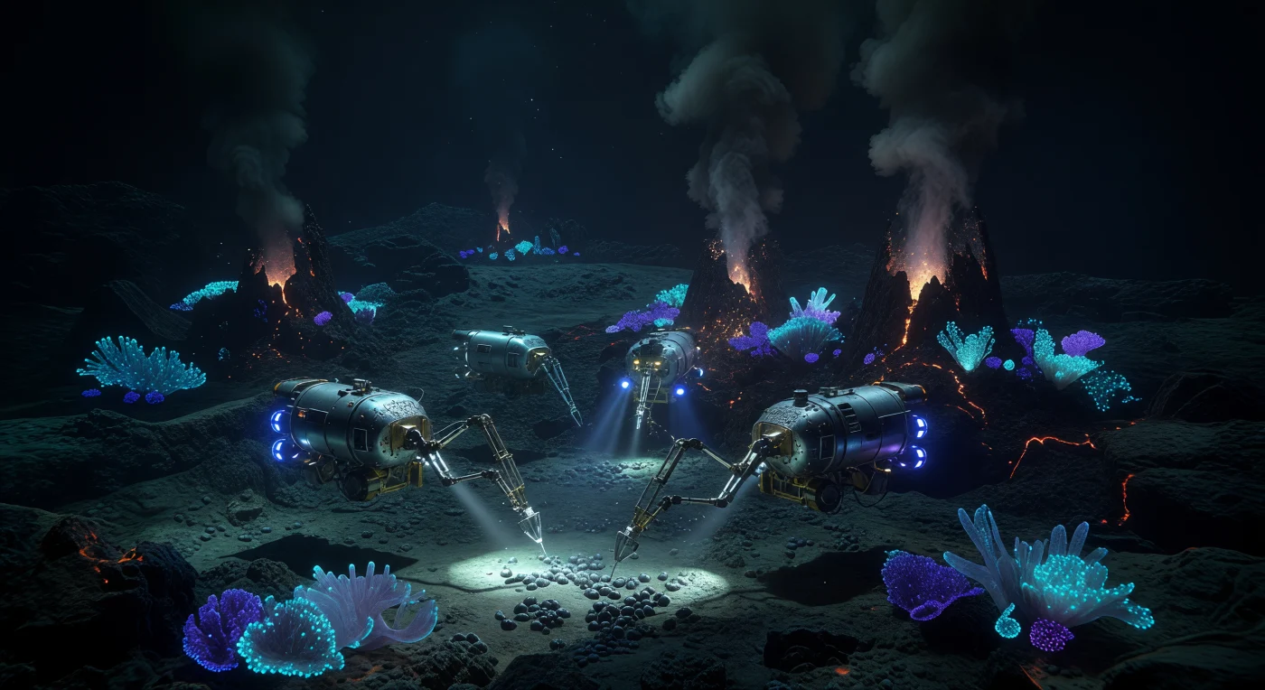 During the mid-21st-century era known as The Threshold (c. 2025–2050), humanity expanded its industrial reach to the abyssal plains of the Pacific Ocean, 4,000 meters below sea level. This scene captures titanium-hulled remotely operated vehicles (ROVs) harvesting neodymium-rich nodules near hydrothermal vents, utilizing high-frequency ultrasonic tools to extract resources for the global fusion grid. Amidst the heavy machinery, engineered bioluminescent corals act as living sensors, representing the advanced integration of synthetic biology and autonomous industry characteristic of this transformative period in Earth’s history.