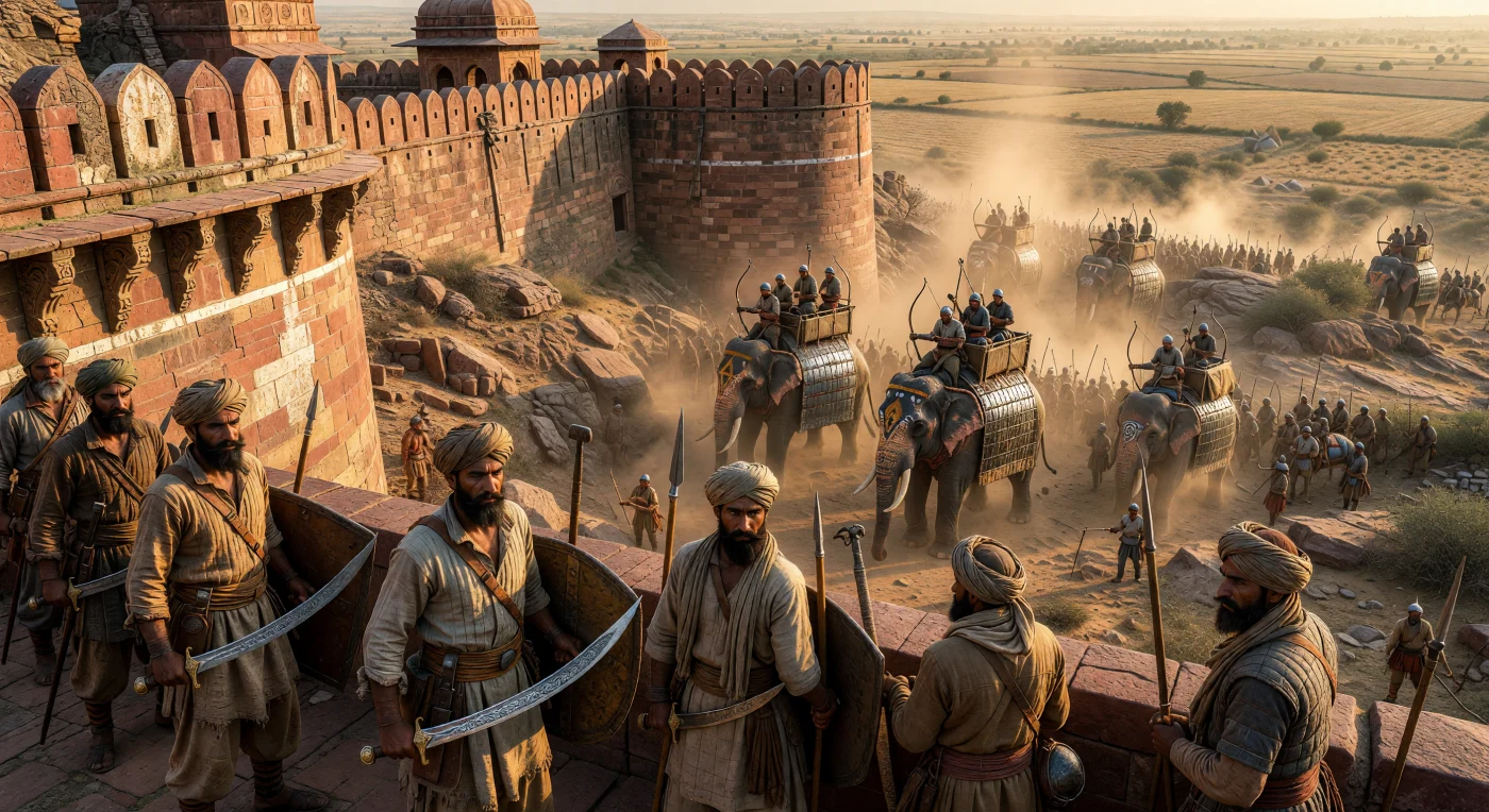 Desde lo alto de las imponentes murallas de arenisca roja, guerreros rajput armados con sables *talwar* de acero Wootz y escudos reforzados vigilan el horizonte durante un asedio del siglo XV. En el valle árido, una formidable fuerza de combate despliega elefantes de guerra protegidos por armaduras *pakhar* y decorados con pigmentos tradicionales, cuyas pisadas levantan densas nubes de polvo bajo la luz dorada del atardecer. Esta escena captura la sofisticada arquitectura defensiva y el espíritu marcial de los clanes de Rayastán, quienes convirtieron sus fortalezas en baluartes inexpugnables frente a las potencias en expansión durante la Baja Edad Media.