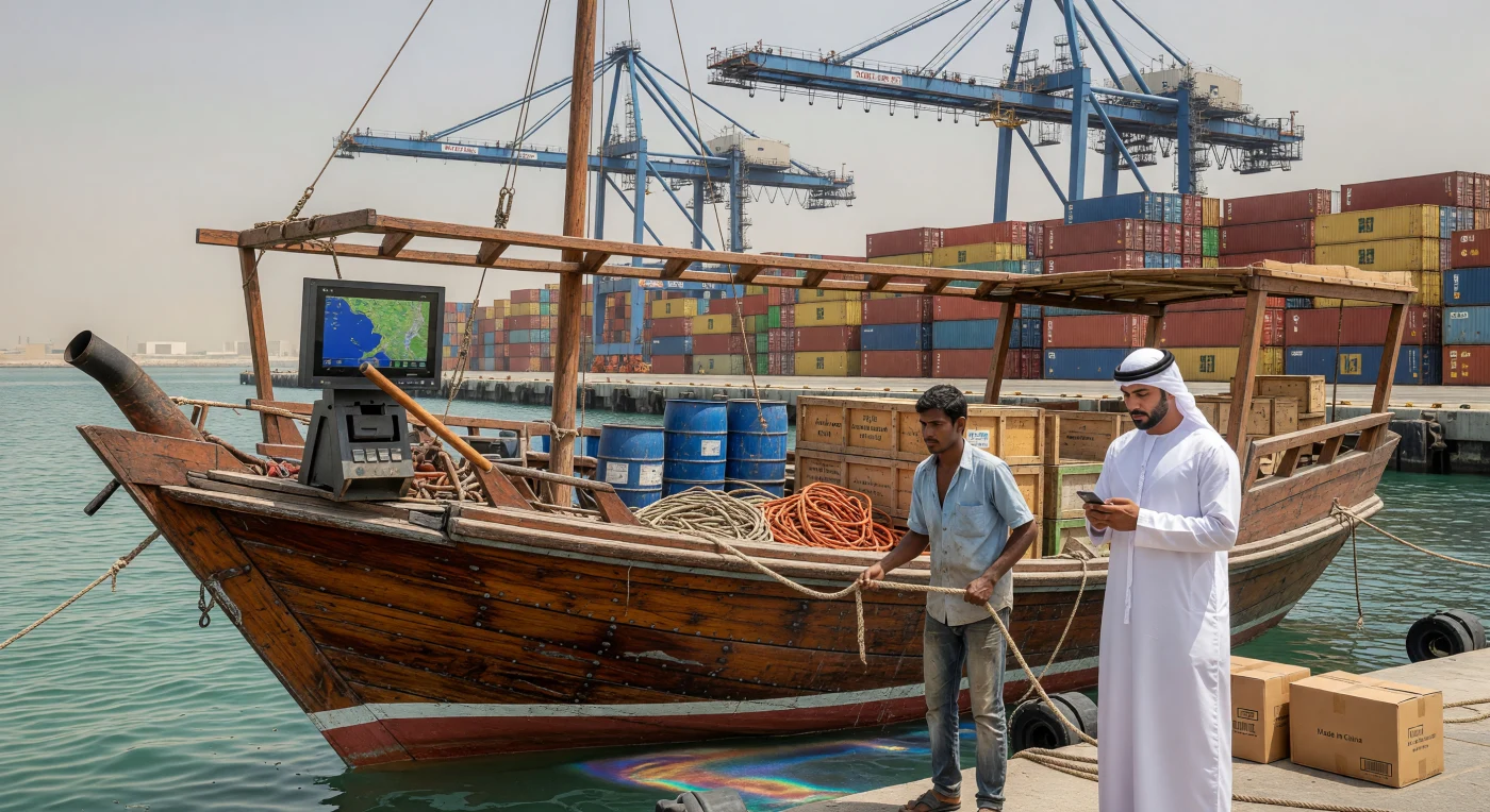 Esta cena no porto de Jebel Ali, em Dubai, captura um tradicional dhow de madeira de teca atracado ao lado de colossais guindastes e contêineres de aço, ilustrando o encontro entre o passado marítimo e a logística global da Era Digital. Apesar de sua construção ancestral, a embarcação está equipada com motores a diesel e navegação por GPS, operada por uma tripulação que exemplifica a dinâmica demográfica e a transição econômica da região no início do século XXI. A composição destaca a coexistência marcante entre a herança cultural árabe e a infraestrutura industrial massiva que define as paisagens contemporâneas do Golfo Pérsico.