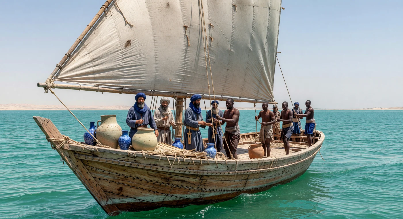 In questa veduta del IX secolo, un dhow attraversa le acque turchesi del Golfo Persico, mettendo in mostra lo scafo in teak assemblato tramite la tradizionale tecnica della cucitura in fibra di cocco. L'equipaggio, composto da marinai arabi e zanj, manovra una grande vela latina tra giare di ceramica cariche d'olio, simboli del vasto commercio marittimo del Califfato Abbaside. Queste imbarcazioni furono i pilastri dell'Età d'oro islamica, capaci di collegare le coste dell'Africa orientale e dell'Arabia attraverso le sofisticate rotte commerciali dell'Oceano Indiano.