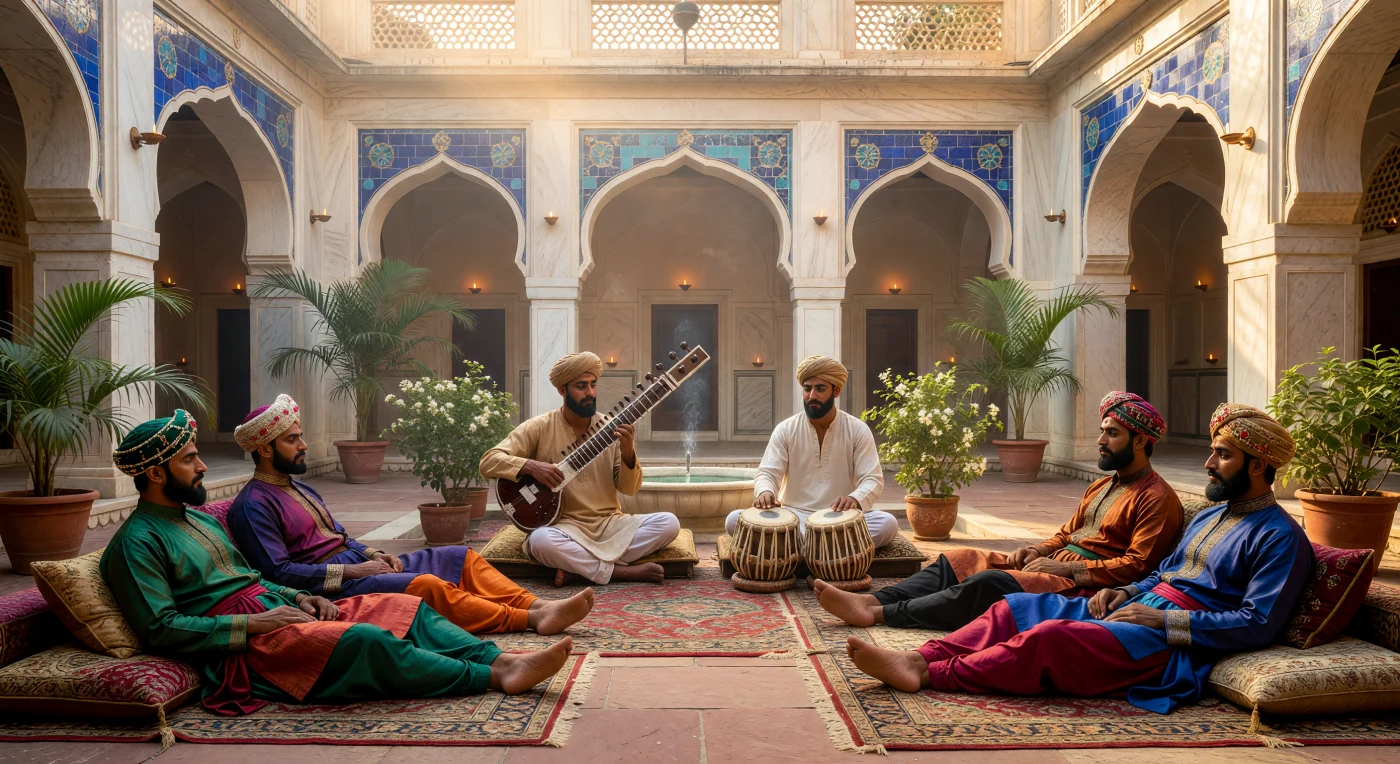 यह दृश्य 14वीं शताब्दी के दिल्ली सल्तनत के एक भव्य भीतरी आंगन को दर्शाता है, जहाँ 'चुनम' से चमकती सफेद दीवारों और नीले लापीस लाजुली टाइलों के बीच संगीत की महफिल सजी है। यहाँ संगीतकार सितार और तबला के प्रारंभिक स्वरूपों पर मधुर धुनें छेड़ रहे हैं, जिन्हें रेशमी जामा और पगड़ी पहने कुलीन वर्ग बड़े चाव से सुन रहा है। ढलते सूरज की सुनहरी आभा और चमेली की सुगंध से महकता यह वातावरण उस ऐतिहासिक काल की भारत-इस्लामी संस्कृति और कलात्मक समन्वय के जीवंत संगम को प्रस्तुत करता है।