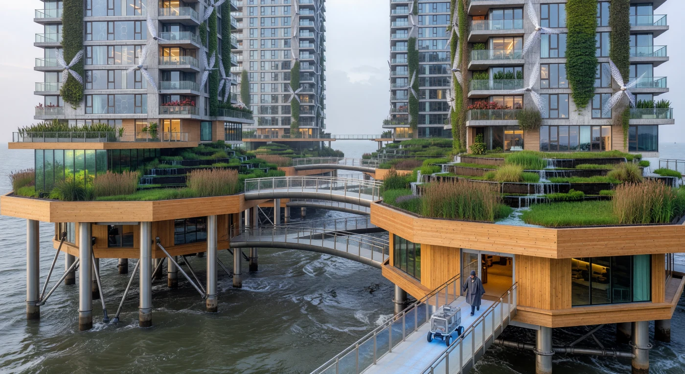 Em meados de 2042, durante a época de transição climática conhecida como "O Limiar", o Distrito Flutuante de Roterdã surge como um marco de resiliência urbana, com plataformas hexagonais de madeira laminada cruzada (CLT) elevando-se sobre o Mar do Norte. Estas estruturas utilizam concreto autorregenerativo infundido com a bactéria *Bacillus pseudofirmus* e sistemas de fitorremediação compostos por taboas (*Typha*) e hera-inglesa (*Hedera helix*) para filtrar resíduos em um ecossistema circular de alta complexidade. Este registro arquitetônico demonstra o fim da era da expansão industrial predatória, revelando uma simbiose profunda onde a engenharia e os ciclos biológicos se fundem para mitigar as marés crescentes do Antropoceno tardio.
