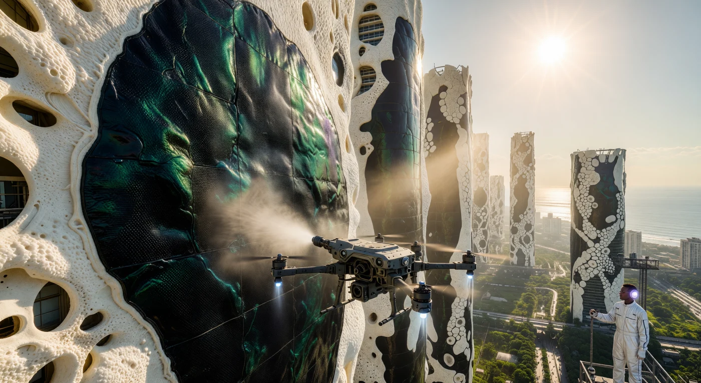 Hacia el año 2065, en el apogeo del Amanecer Aumentado, drones de alta precisión aplican la piel fotovoltaica Helios-4 sobre la fachada de un rascacielos "Mycelial Pulse" en Lagos. La imagen captura la transición molecular de un vapor turquesa a una superficie obsidiana de textura microhexagonal, diseñada para integrarse con el sustrato de quitina biológica del edificio y cosechar la intensa radiación solar ecuatorial con una eficiencia sin precedentes. Esta simbiosis entre biopolímeros autorreparables y nanotecnología marca un hito en la evolución técnica de la humanidad, transformando la infraestructura urbana en un organismo fotosintético autosuficiente coordinado mediante puentes sinápticos.