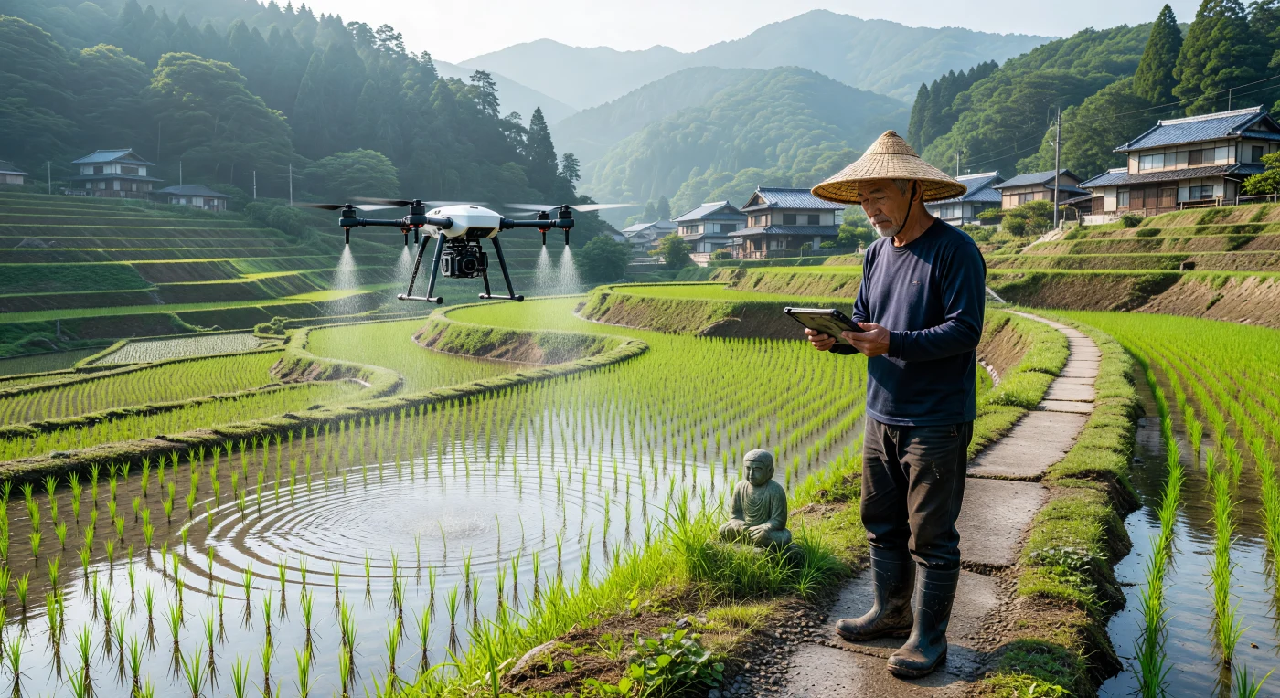 Surplombant les magnifiques rizières en terrasses du Japon rural, un drone de précision en fibre de carbone pulvérise de l'engrais tandis qu'un agriculteur âgé supervise l'opération à l'aide d'une tablette tactile. Ce tableau illustre la réponse technologique de l'Asie de l'Est face au défi du vieillissement de la population rurale durant l'ère numérique, transformant des pratiques millénaires par l'automatisation de pointe. La présence d'une statue traditionnelle de Jizō au bord du sentier de béton souligne la coexistence unique entre la spiritualité ancestrale et l'innovation du XXIe siècle.