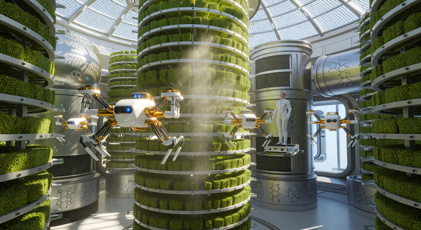 Dans la courbure vertigineuse du cylindre d'O’Neill « Vinci-4 », des drones synthétiques aux capteurs de saphir récoltent des céréales émeraude au sein d'un anneau aéroponique baigné de brumes nutritives. Cette infrastructure vitale, caractéristique de la Grande Divergence (2200-2500 apr. J.-C.), témoigne de la transition de l'humanité vers une existence orbitale totale au sein de l'Essaim. Un superviseur de la lignée *Homo augmentus*, à la physiologie adaptée à la gravité centripète, coordonne ce cycle de production via une dentelle neurale, fusionnant la conscience biologique avec les systèmes de survie artificiels de l'habitat.