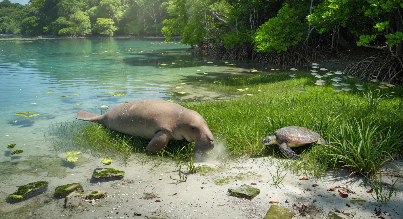 In einer ruhigen tropischen Lagune der späten Eiszeit grast ein etwa 3 Meter langer Dugong dugon mit seiner nach unten gebogenen Schnauze in einer dichten Seegraswiese, während daneben eine Grüne Meeresschildkröte, Chelonia mydas, dieselben Pflanzen abweidet; am Rand des Bestands schimmern kleine silbrige Jungfische im Schutz der Halme und Mangrovenwurzeln. Solche küstennahen Refugien bestanden im späten Pleistozän, vor grob 126.000 bis 11.700 Jahren, auch während Zeiten niedriger Meeresspiegel in Regionen wie Sundaland und boten in einem sich stark wandelnden Tropengürtel stabile Lebensräume. Treibende Halimeda-Algen, feiner aufgewirbelter Sedimentstaub und das gefilterte türkisfarbene Licht zeigen ein außergewöhnlich produktives Ökosystem, das seit Jahrtausenden Pflanzenfresser des Indopazifiks ernährt.