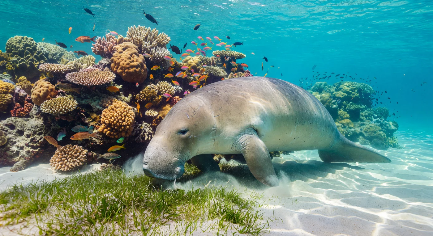 Um majestoso dugongo de pele cinza e rugosa pasta calmamente em um prado de ervas marinhas verdejantes nas águas cristalinas de Marsa Alam, no Egito. Ao fundo, um recife de coral resiliente e vibrante abriga cardumes de peixes coloridos, ilustrando a rica biodiversidade do Mar Vermelho capturada em meados de 2026. Esta cena reflete o sucesso dos esforços de conservação marinha durante a Era Digital, um período marcado pela transição para modelos econômicos mais sustentáveis e pela proteção rigorosa dos ecossistemas naturais no Oriente Médio.