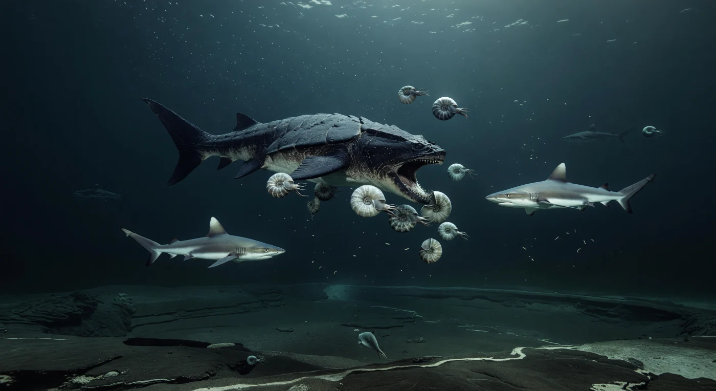 In the dim pelagic waters of the Late Devonian, about 372–359 million years ago, a giant armored placoderm, Dunkleosteus terrelli, surges through a small shoal of Manticoceras ammonoids while two sleek Cladoselache sharks bank nearby above a dark offshore basin. The scene captures a deeper Laurussian sea below normal wave base, where sinking organic debris and low-oxygen bottom waters were common, and powerful nekton hunted in the open water far above black shale–forming seafloors.