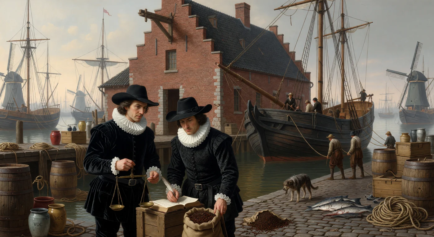 Two prosperous Dutch merchants inspect a shipment of peppercorns and cloves on the damp Amsterdam quayside, circa 1660, as a distinctive pear-hulled fluyt cargo vessel moors beside a stepped-gable warehouse. This scene illustrates the peak of the Dutch Golden Age, when the Dutch East India Company (VOC) established a global trade monopoly that brought immense wealth and exotic goods to Northern Europe. Dressed in conservative black velvet and stiff linen ruffs, these figures represent the Burgher class whose maritime networks transformed the Dutch Republic into a premier economic power. The composition's soft, directional light and rich textures evoke the style of 17th-century Dutch Master paintings, capturing the intersection of global commerce and daily urban life.