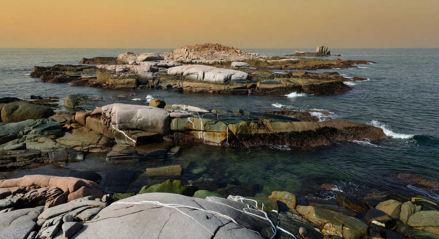 Around 3.2–2.8 billion years ago, small Archean cratons formed some of Earth’s first persistent land, rising only modestly above a vast global ocean. This scene shows a barren shoreline of pink-gray TTG crust (tonalite–trondhjemite–granodiorite) and dark basaltic to greenstone outcrops, cut by waves into slick benches beneath a methane-hazed amber sky lit by the faint young Sun. No plants or animals existed on land at this time; at most, only microscopic microbial films may have occupied protected wet crevices along these harsh, rocky coasts.