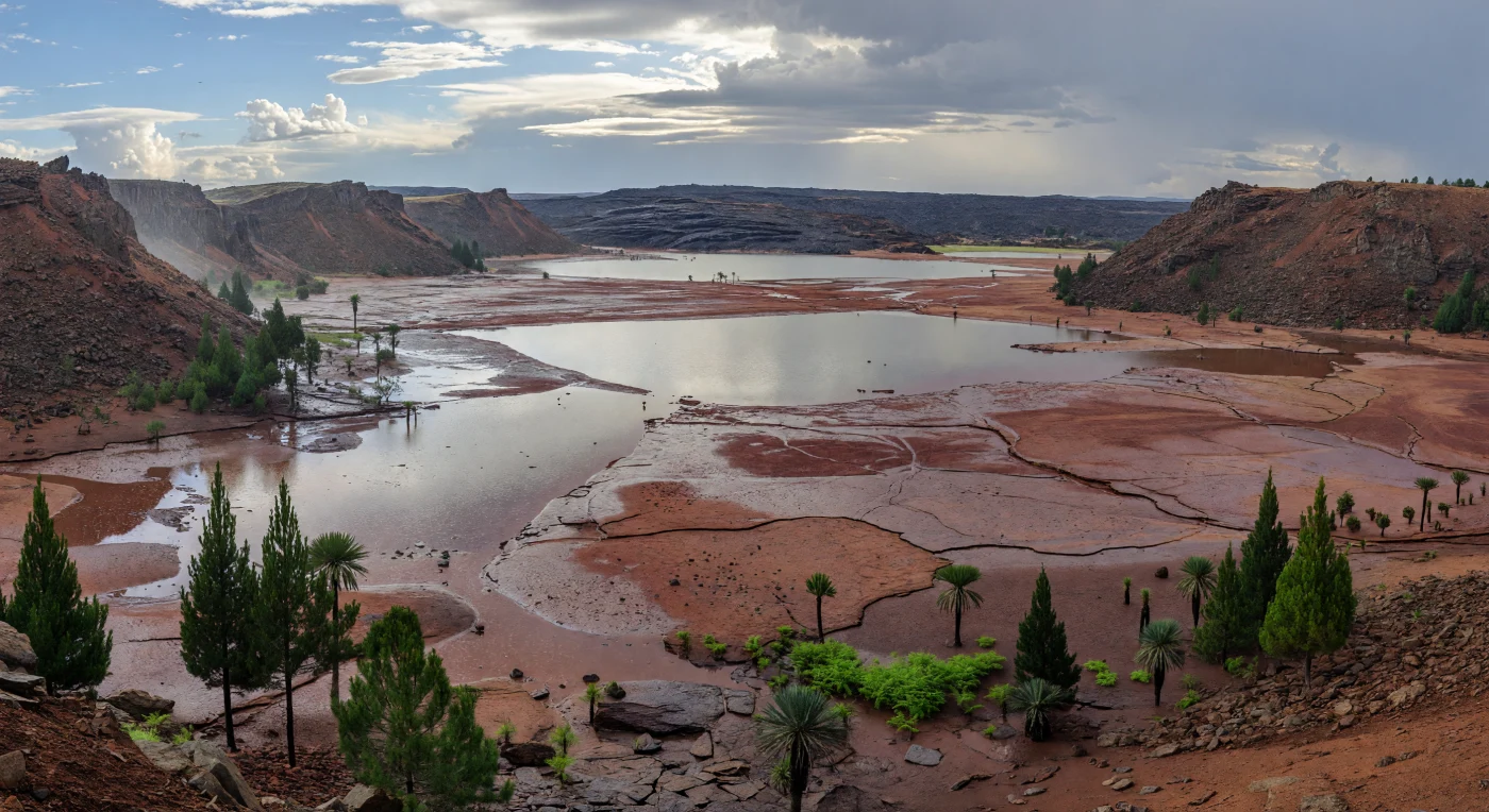 In the Early Jurassic, about 200 million years ago, eastern Laurasia’s Atlantic rift margin was a landscape of active faulting, red-bed basins, and seasonal storm runoff. This scene shows a broad fault-bounded valley with rain-darkened mudflats, shallow ephemeral lakes, fresh alluvial fans, and distant weathered basalt flows left by earlier Central Atlantic Magmatic Province volcanism. Sparse conifers, cycad-like plants, bennettitaleans, seed ferns, and ferns cling to damp channels and basin margins, illustrating the dry but strongly seasonal environments typical of Jurassic rift basins.