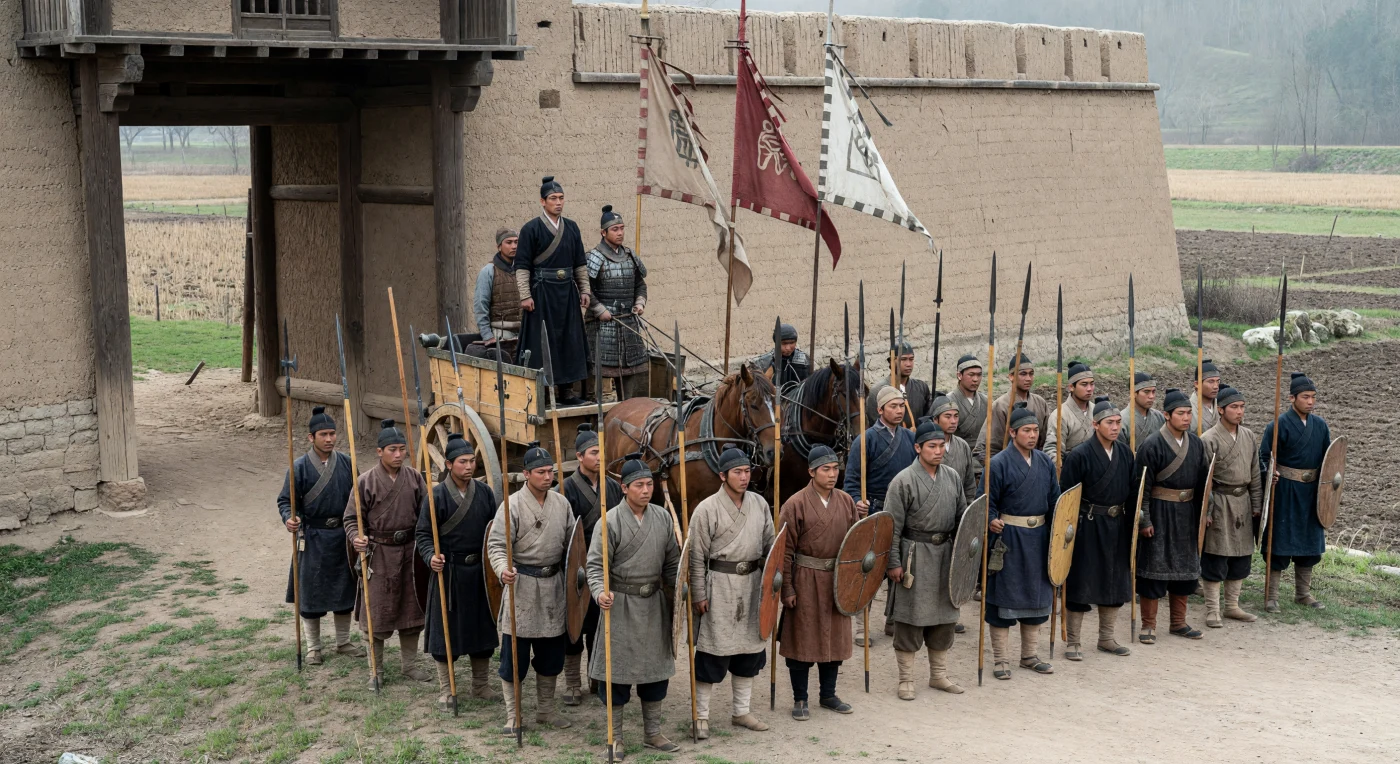 Outside a rammed-earth city gate in northern China, a late Eastern Zhou army assembles in disciplined ranks, its infantry carrying bronze-tipped spears, ge-dagger-axes, bows, and leather shields while a two-horse chariot bearing an elite commander waits just behind the line. The scene captures the Spring and Autumn period, when warfare was shifting from the older aristocratic chariot tradition toward larger, more organized infantry forces, even as bronze still dominated and iron had only begun to appear in select weapons. Details such as tamped-earth fortifications, timber construction, lacquered fittings, and muted hemp and silk garments reflect the material world of the 6th century BC North China Plain.