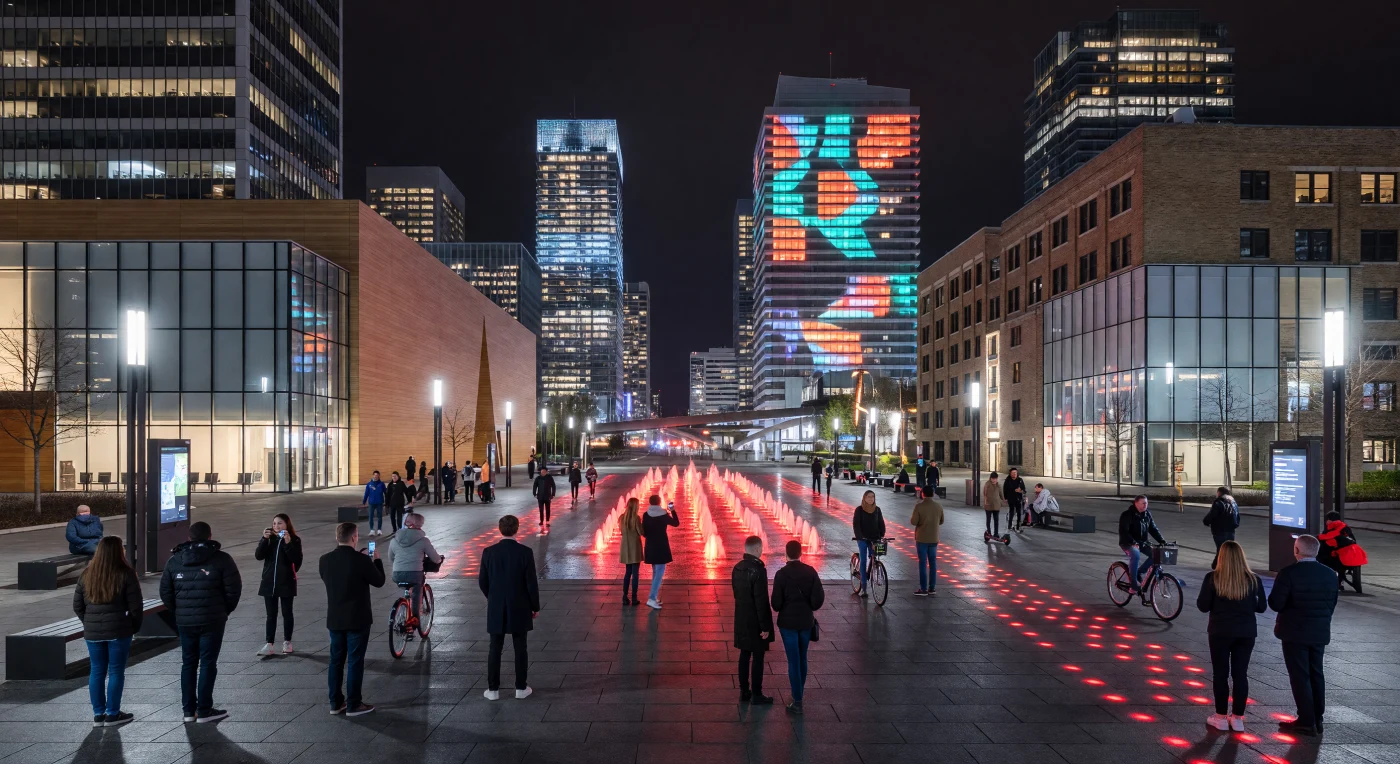 Cette vue cinématographique de la Place des Festivals illustre la métamorphose de Montréal en une métropole de l'ère numérique, où l'architecture devient un support dynamique pour des projections algorithmiques monumentales. Entre la modernité minimaliste de la Maison Symphonique et les reflets pourpres sur le granit mouillé, l'espace public intègre des technologies interactives et un éclairage LED signature qui définissent l'urbanisme du début du XXIe siècle. Cette scène témoigne de l'émergence de la « ville intelligente », où le tissu historique et les matériaux de haute performance fusionnent pour créer un environnement immersif, durable et hyper-connecté.