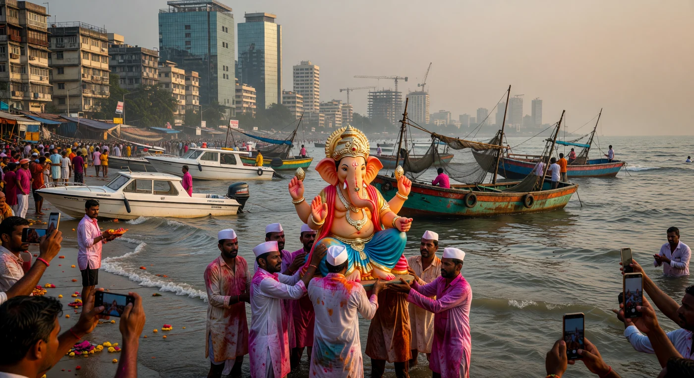 Gläubige in traditionellen weißen Gewändern tragen während des Ganesh-Chaturthi-Festes eine farbenprächtige Ganesha-Statue aus Ton in die Fluten des Arabischen Meeres. Diese Szene verdeutlicht den spannungsvollen Kontrast des digitalen Zeitalters in Mumbai, wo jahrtausendealte religiöse Riten unmittelbar auf moderne Smartphones, Fiberglasboote und eine rasant wachsende Skyline treffen. Die rituelle Versenkung des Idols symbolisiert dabei den ewigen Kreislauf von Schöpfung und Auflösung inmitten der tiefgreifenden technologischen und urbanen Transformation Südasiens im frühen 21. Jahrhundert.