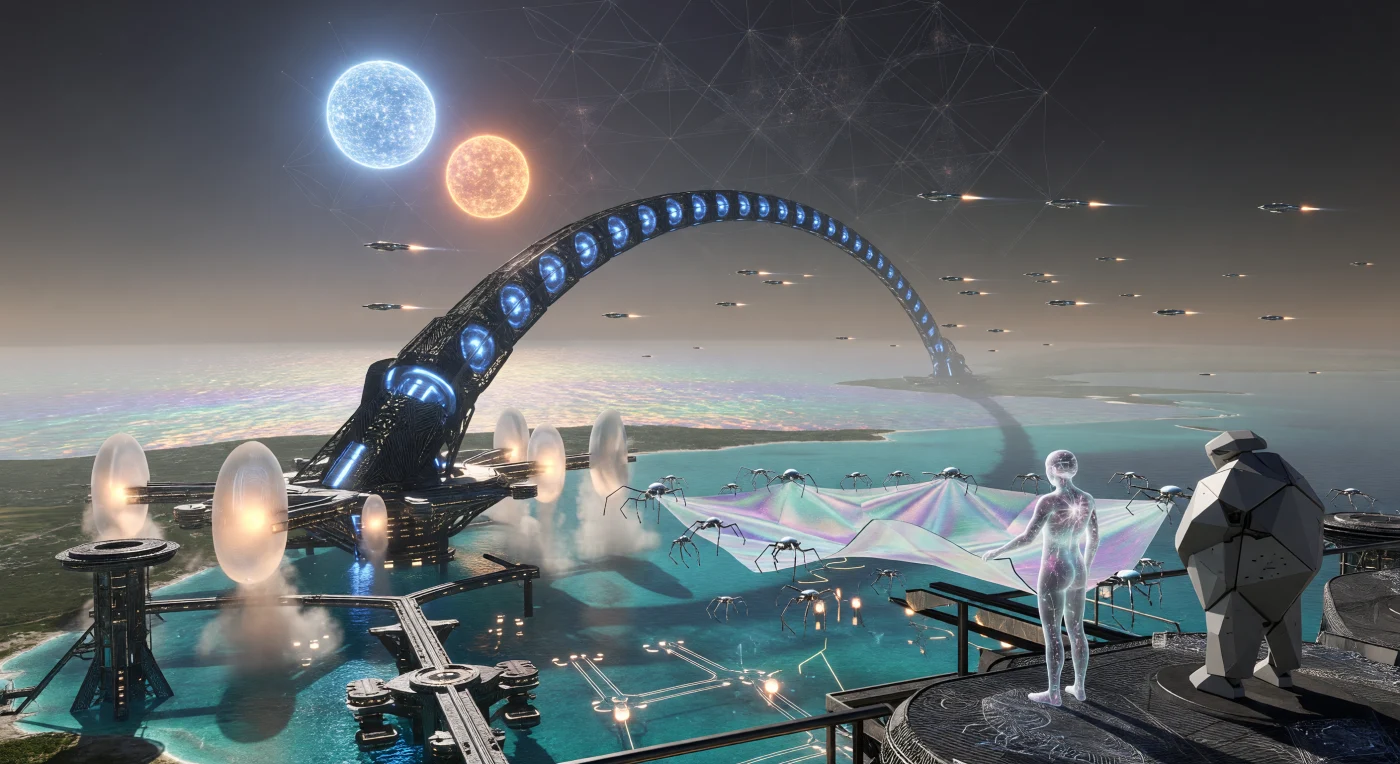 Set during the era of Cosmic Maturity in 44,200 CE, this scene captures a maritime-orbital hub on a Shell World where a massive electromagnetic mass driver launches cargo toward a distant Dyson-Kardashev Swarm. In the foreground, Polymorphic Beings known as the Weave and Proteans—post-biological entities integrated with photonic lattices and programmable matter—supervise the maintenance of a kilometer-wide graphene laser sail by automated swarms. The atmosphere, shimmering with active maintenance nanites and the dual light of a binary star system, reflects the high-energy reality of a Kardashev Type II.4 civilization that has seamlessly merged planetary architecture with interstellar infrastructure.