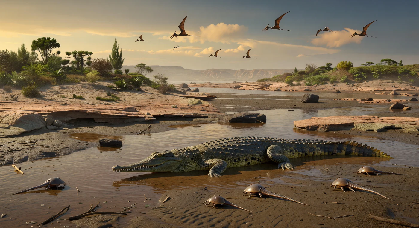 En un estuario mareal de Gondwana durante el Jurásico tardío, hace unos 160–145 millones de años, un teleosauroideo talatosuquio de unos 4 metros acecha medio sumergido en aguas salobres color té, mientras pequeños xifosuros recorren el fango ondulado y pterosaurios de cola larga sobrevuelan la costa. Su hocico estrecho, armado con dientes cónicos, y sus ojos y narinas situados en lo alto del cráneo revelan a un cazador semifacuático emparentado con formas como Teleosauridae, adaptado a canales costeros y lagunas de marea. La vegetación de coníferas, cícadas y helechos, junto con los sedimentos de cuencas de rift jurásicas, evocan un mundo cálido y húmedo muy anterior a las costas modernas, cuando Gondwana aún dominaba el hemisferio sur.