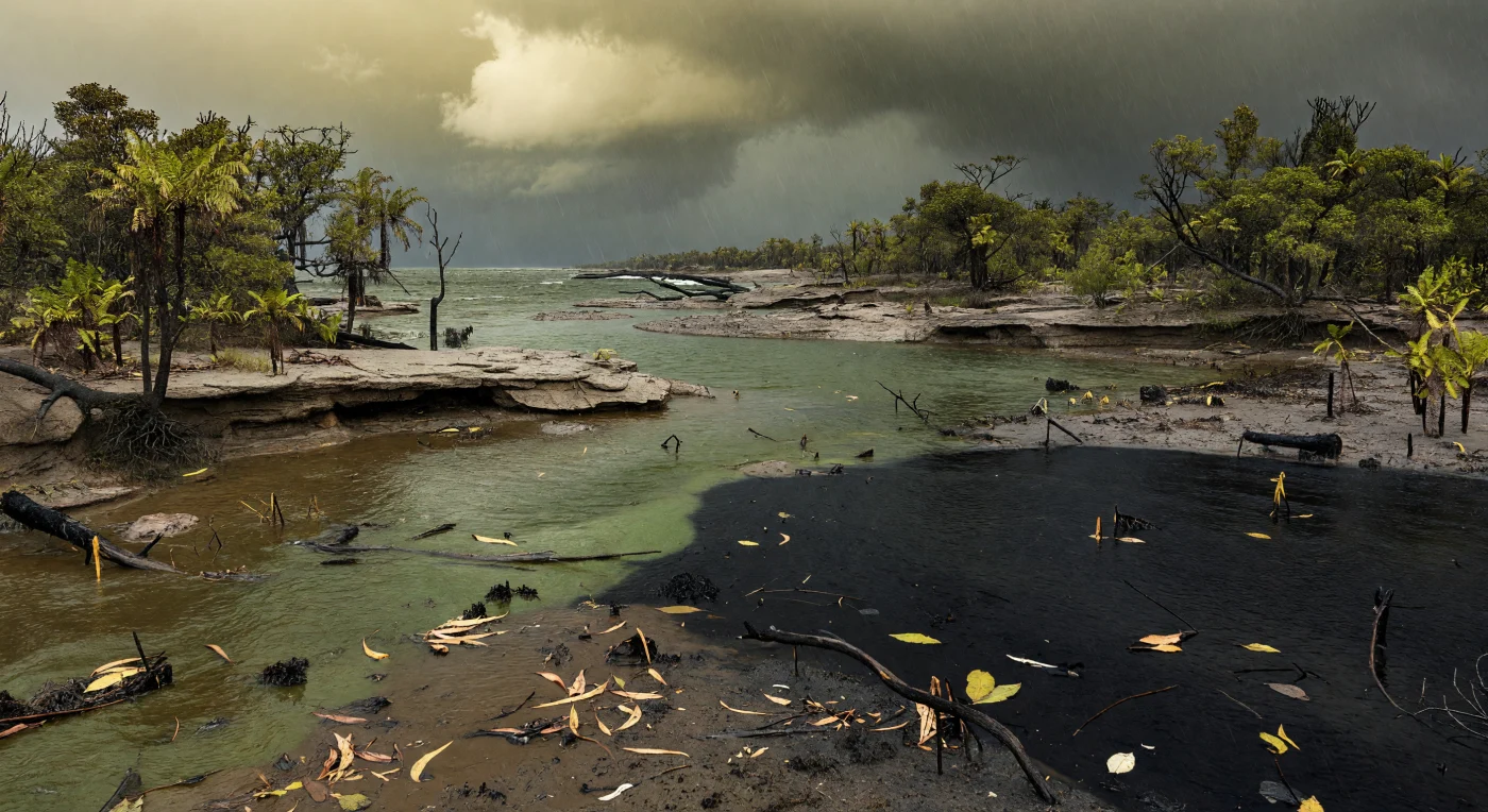 In the polar estuaries of southern Gondwana about 252 million years ago, the end-Permian mass extinction transformed once-forested wetlands into poisoned, storm-lashed coasts. This scene shows dying Glossopteris woodlands under a sulfurous sky as ash-choked floodwaters wash charcoal, leaves, and fallen trunks into an estuary whose green-brown surface gives way to stagnant, oxygen-starved black water. Subtle survivors such as a small temnospondyl or dicynodont-like tetrapod underscore how even high-latitude ecosystems were collapsing during Earth’s most severe extinction event.
