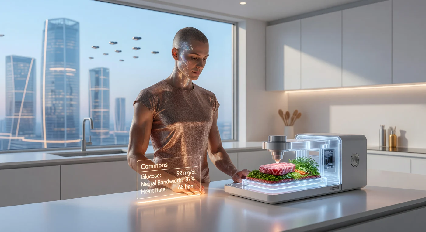 En el año 2084, durante el periodo conocido como el Amanecer Aumentado, un ciudadano de la Unión Transatlántica perteneciente al grupo de los «Aumentados» utiliza un ensamblador molecular para sintetizar proteínas cultivadas y microvegetales de alta densidad. Esta escena ilustra la cúspide de la integración biotecnológica, donde el uso de encajes neuronales de grafeno y la edición genética CRISPR han optimizado la fisiología humana para un entorno de clima restaurado y eficiencia energética. La luz de un Sol filtrado por una atmósfera de bajo carbono resalta esta simbiosis entre la biología y la orquestación molecular, marcando una etapa avanzada en la evolución de la civilización tecnológica terrestre.