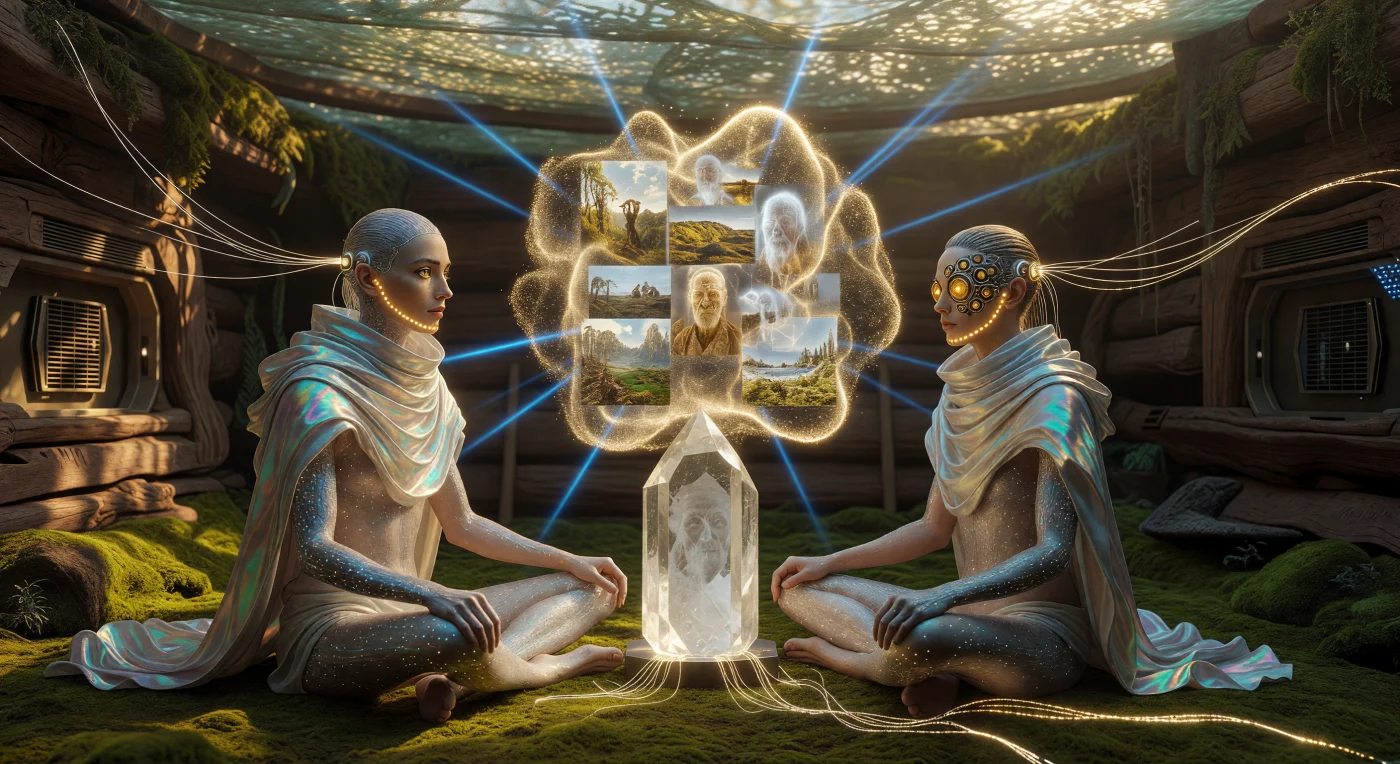 Durante la Era de la Convergencia (2100–2200), la distinción entre lo biológico y lo digital se desvanece, como se observa en este erudito de fisionomía optimizada que interactúa con un santuario de datos de cuarzo sintético. El "hiperglifo" central, una compleja estructura de luz líquida y partículas hápticas, proyecta una nube sensorial que transmite memorias ancestrales directamente al sistema nervioso del individuo mediante una interfaz neural de fibra óptica. Esta escena ilustra la cúspide de la simbiosis entre la arquitectura de madera de hierro viva y la tecnología de datos, marcando un periodo donde la cultura dejó de ser consumida para ser habitada a través de una conciencia colectiva expandida.