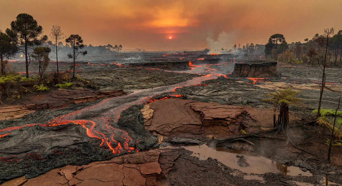 Qui vediamo il Gondwana meridionale all’inizio del Giurassico, circa 183 milioni di anni fa, durante l’immenso evento vulcanico del Karoo–Ferrar: fiumi incandescenti di basalto tholeiitico scorrono su vaste pianure nere, tra colate pahoehoe e ʻaʻā, scarpate fumanti, dicchi di dolerite e margini di foreste di conifere araucariacee e podocarpacee carbonizzate. Questa provincia magmatica gigante riversò enormi volumi di lava su scala continentale, in un paesaggio quasi privo di acqua sotto cieli carichi di ceneri e gas solforosi. Tra felci arboree, piante bennettitali e cicadofite bruciate dal calore, piccoli dinosauromorfi o dinosauri basali potevano apparire solo come presenze lontane, minuscole di fronte a una crisi geologica che trasformò profondamente gli ecosistemi del Gondwana.