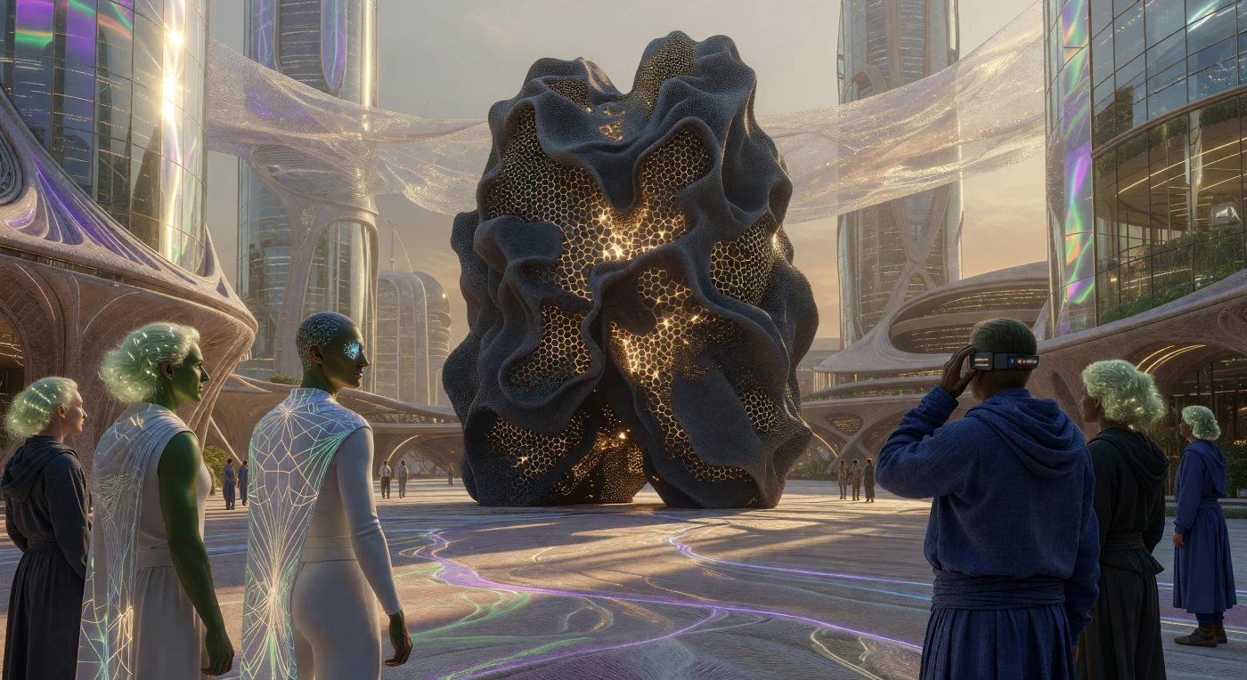 Esta imponente escultura de "Pedra Inteligente" (Smart-Stone) domina uma praça urbana no ano de 2085, exibindo um fluxo tectônico programado que mimetiza o ritmo de um pulmão biológico. Composta por uma rede de trilhões de nanorrobôs, a estrutura de três andares pulsa com luz de Âmbar Sintético sobre um pavimento de seda micelial (Myco-Silk), exemplificando a avançada engenharia de materiais da era do Alvorecer Aumentado. Ao redor do monólito, cidadãos com pele fotossintética e vestes biocinéticas testemunham a fusão definitiva entre a rigidez mineral e a fluidez da vida, transformando o conceito de tempo geológico em uma experiência sensorial imediata.