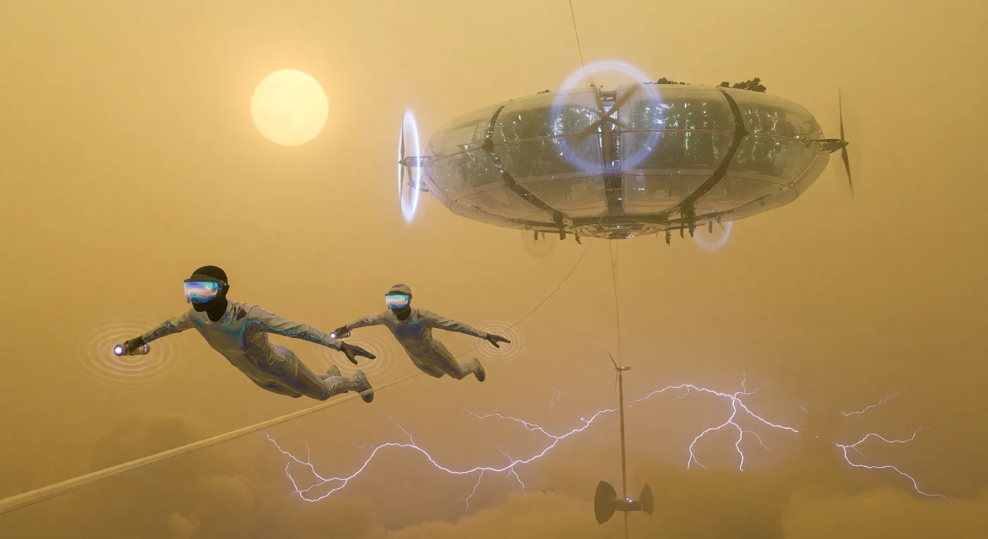 En el cinturón de nubes de Ishtar-Lada, a 52 kilómetros sobre la superficie de Venus, dos patrulleros Aeros-Humanos se deslizan entre colosales turbinas eólicas de eje vertical que aprovechan la superrotación atmosférica. Durante la era de La Convergencia (2100-2200), estos individuos modificados con simbiontes pulmonares y polímeros resistentes a la radiación UV aseguran la integridad de los aerostatos de grafeno mediante emisores de pulsos acústicos. Esta escena captura un momento crítico en la frontera científica del siglo XXII, donde la humanidad habita la zona de presión de 1 bar, transformando el CO2 y los vientos huracanados en el motor de una civilización suspendida en un perpetuo resplandor sulfuroso.