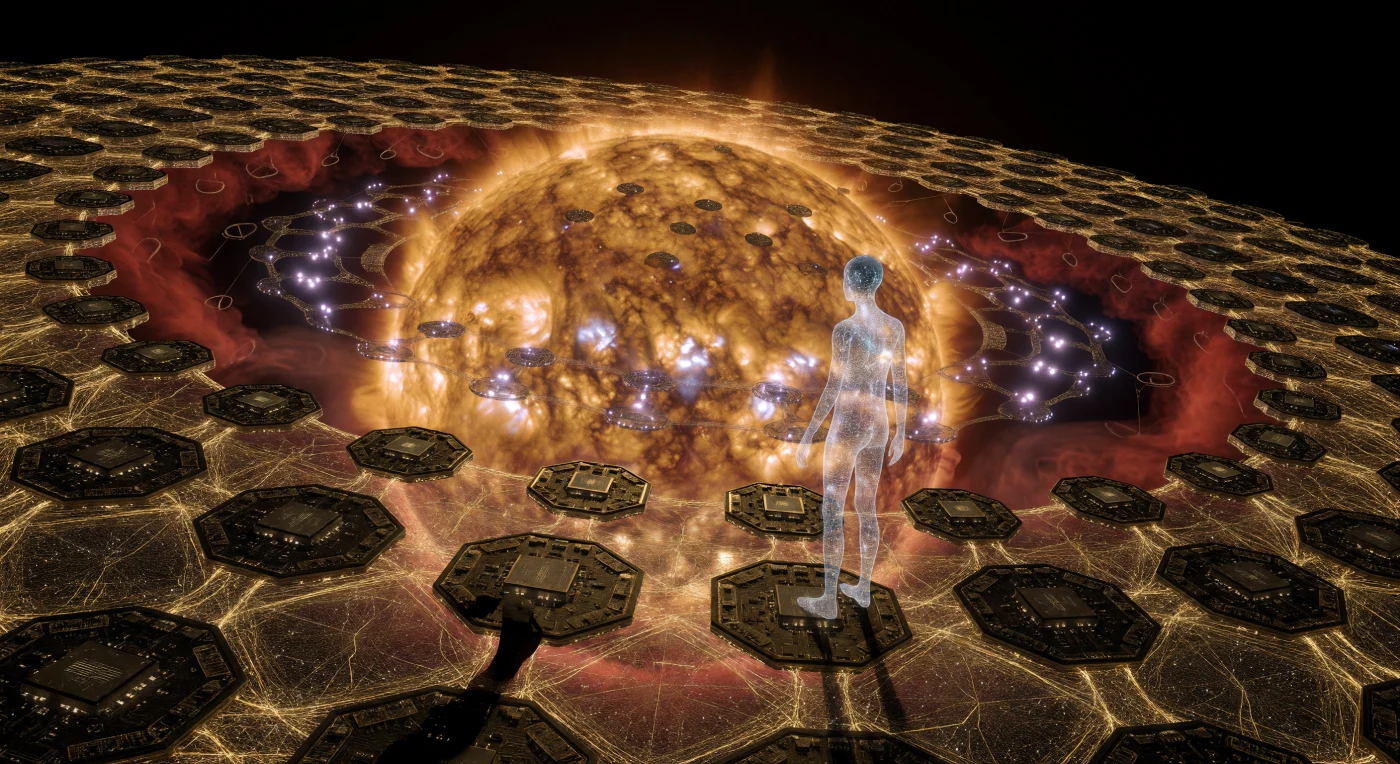 Nesta visualização da Era Galáctica (aprox. 5.000–20.000 d.C.), o Sol aparece transformado em uma Mente Matrioshka, envolto por uma malha de grafeno e ouro que processa a energia estelar como pensamento puro. Um Sucessor de Sílica Translúcida, descendente pós-biológico da humanidade adaptado ao vácuo e à radiação, observa a rede neural de trilhões de nós onde residem as mentes de civilizações inteiras. Esta estrutura monumental marca o auge da engenharia de Tipo II, onde a fronteira entre a tecnologia e a evolução biológica se dissolve na vastidão do tempo profundo.