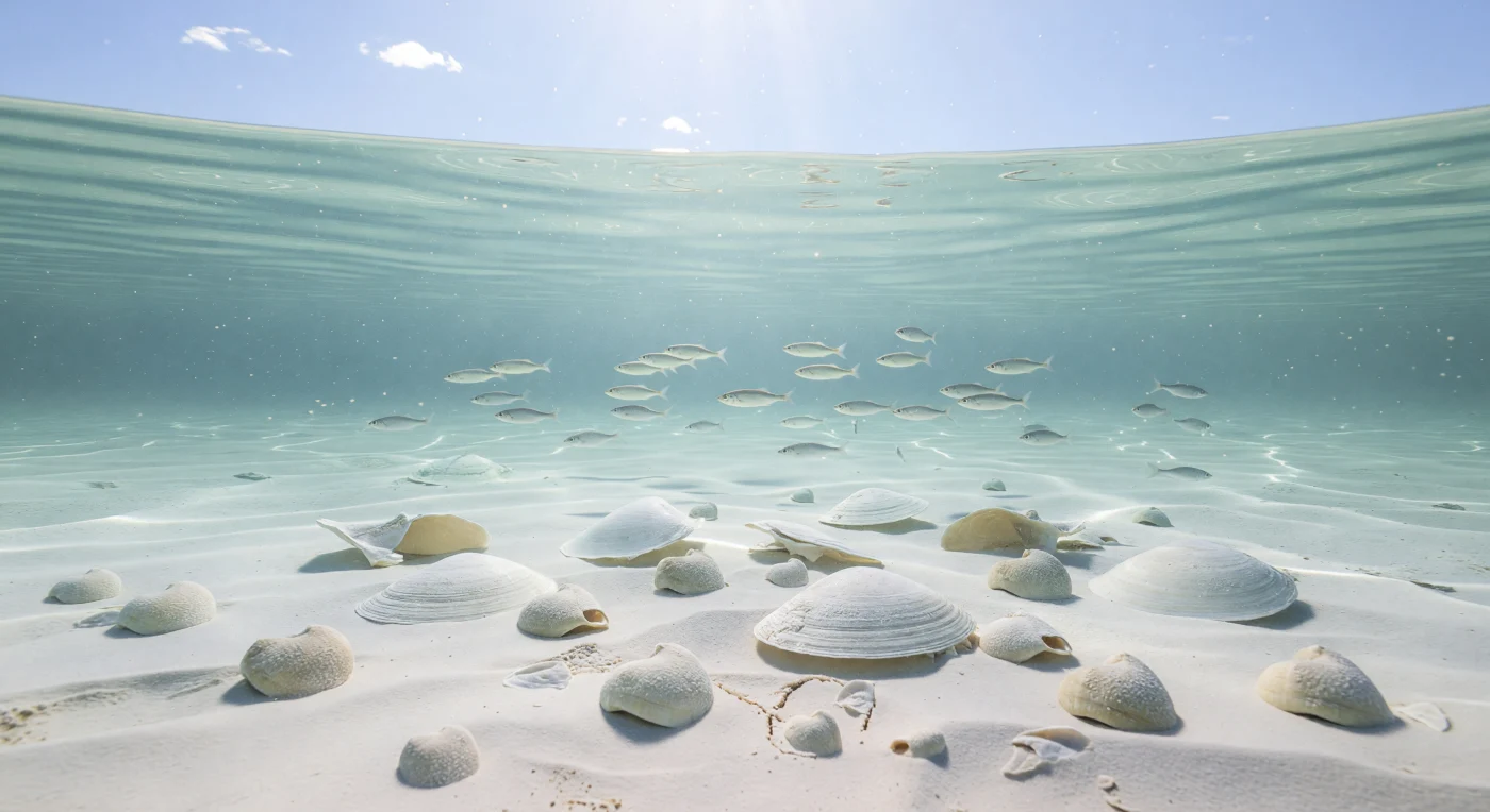In der späten Kreidezeit, vor etwa 100–66 Millionen Jahren, bedeckte ein warmes, flaches Kreidemeer weite Teile Europas und leuchtete milchig türkis über einem fast weißen Meeresboden aus Coccolithenschlamm. Über den sanft gewellten Kalksedimenten liegen tellerförmige Schalen von Inoceramus, bis zu 60 Zentimeter breit, während herzförmige Seeigel der Gattung Micraster von nur 5–7 Zentimetern Länge teils im Boden vergraben nach Nahrung suchten. Darüber zieht ein lockerer Schwarm kleiner Teleosteer vorbei – ein stiller, lichtdurchfluteter Augenblick aus einer Zeit, als ungeheure Mengen kalkiger Planktonreste den berühmten europäischen Schreibkreide-Meeresboden aufbauten.