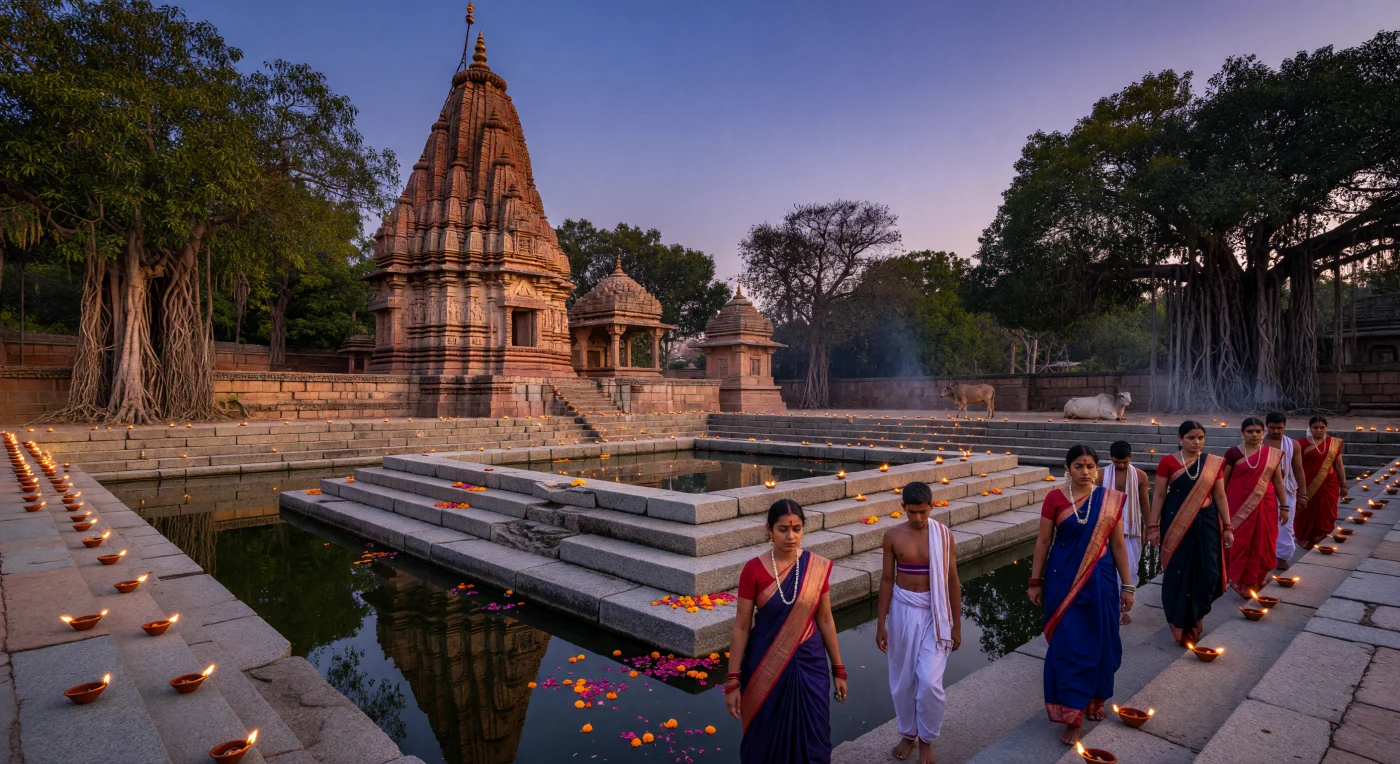 In this evocative reconstruction of 8th-century North India, devotees descend the granite tiers of a temple tank, or kund, to perform evening ablutions under the shadow of a monumental Nagara-style temple. The architecture, featuring a red sandstone Shikhara and fluted Amalaka, reflects the sophisticated stone-carving traditions prevalent during the Gurjara-Pratihara period. Men and women are depicted in period-accurate attire of fine muslin and silk dyed with indigo and madder-red, emphasizing the spiritual importance of ritual purity and the vibrant textile heritage of the Early Middle Ages.
