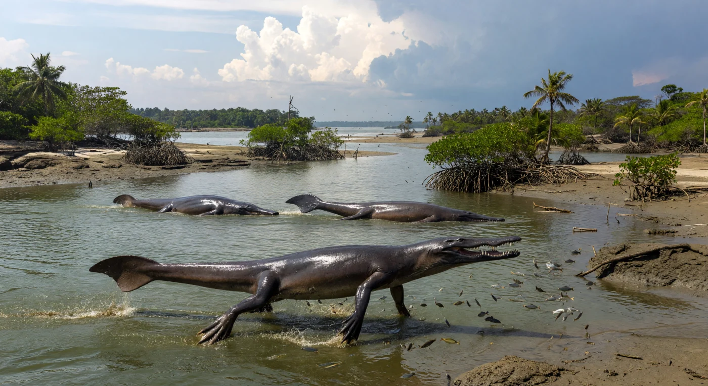 Dans cet estuaire tropical de la Téthys orientale, il y a environ 50 à 48 millions d’années au début de l’Éocène, un Ambulocetus natans d’environ 3 mètres surgit des eaux chargées de limon pour happer un banc de poissons, tandis que deux Rodhocetus plus élancés patrouillent le chenal plus profond. La scène capture une étape clé de l’évolution des baleines archaïques, encore amphibies mais déjà de plus en plus adaptées à la nage, dans un paysage de vasières, racines littorales et plaines côtières humides sous un ciel de mousson. Ici, sur les rivages de l’ancien sous-continent indien, ces proches parents des cétacés modernes témoignent de la transition spectaculaire entre mammifères terrestres et baleines pleinement marines.
