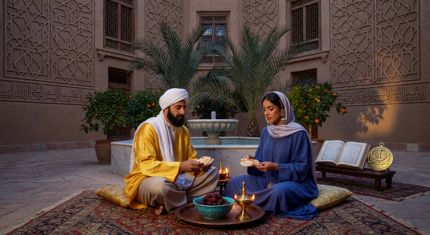 En el corazón de la Bagdad del siglo IX, una familia abasí disfruta del atardecer en un patio privado adornado con intrincados relieves de estuco y una fuente de mármol que refresca el ambiente. Sentados sobre cojines de seda, los comensales comparten pan artesanal y dátiles de Basora mientras la luz de una lámpara de aceite resalta la caligrafía cúfica de las paredes y el delicado trabajo de las celosías de madera o *mashrabiyas*. La presencia de un astrolabio de bronce y manuscritos científicos junto a la cena subraya la sofisticación intelectual y el refinamiento cultural que caracterizaron a la Edad de Oro islámica.